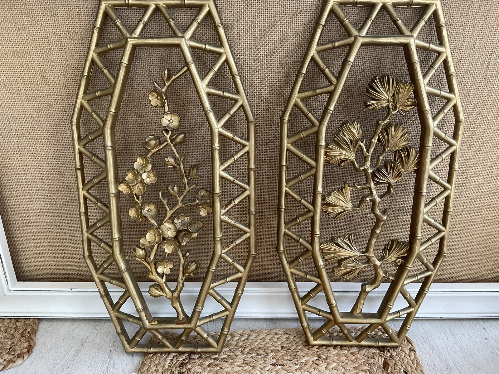 Vtg Syroco Pair Bamboo Floral Wall Plaques Dart 7412 A & B Homco 15.5″