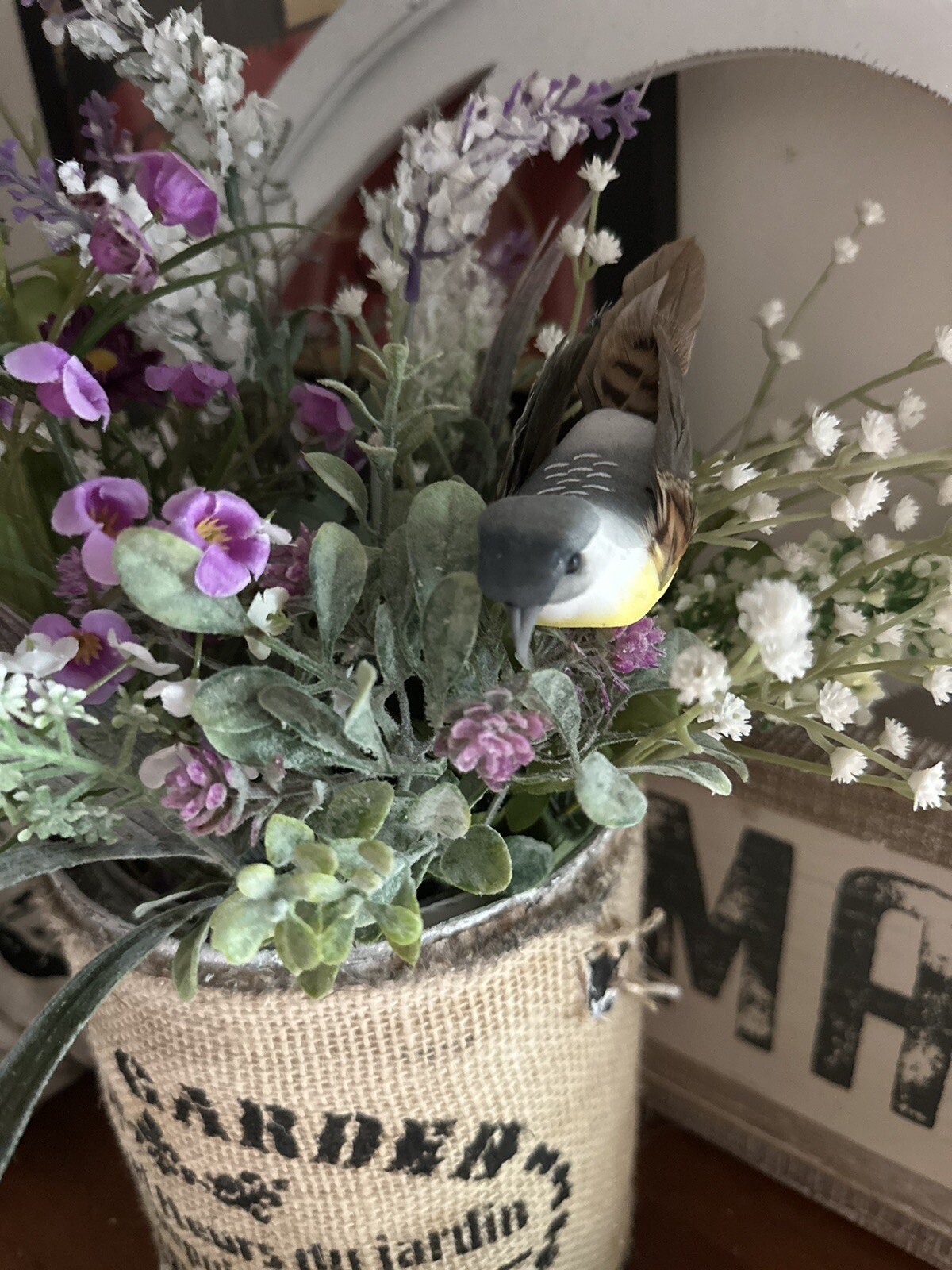 Unique One Of A Kind Shabby style Faux Wild Flowers Paint Can Decor, Burlap