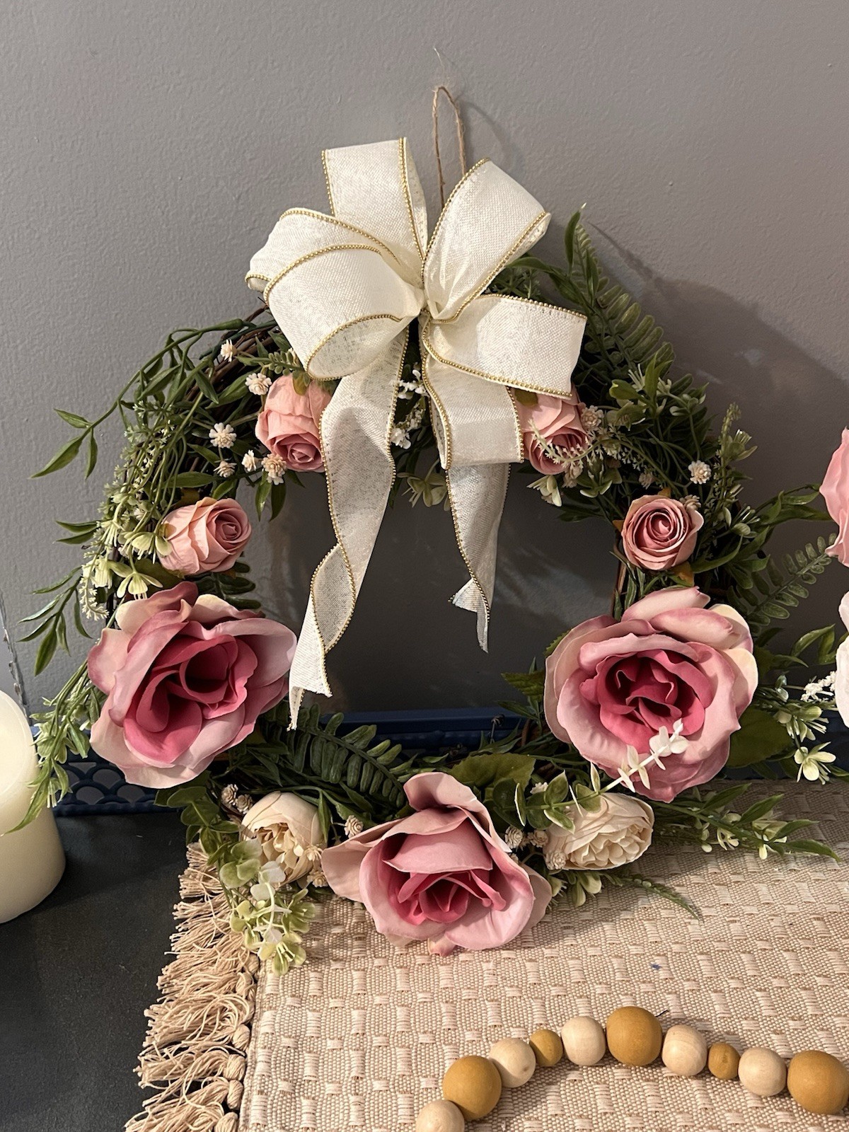 Cottagecore Pink Rose Wreath & Floral Arrangement Set, Girls Room Decor