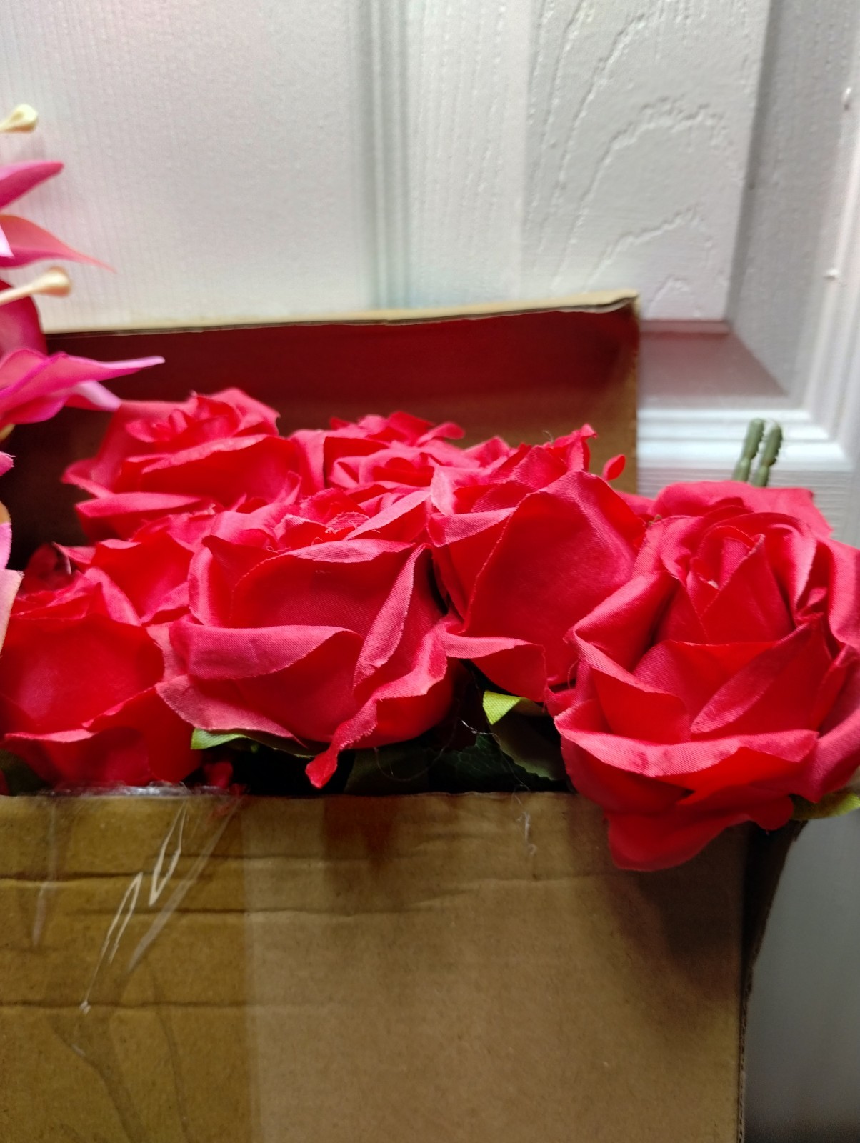 20 Pcs Artificial Lily and Rose Bouquet Red & Pink Realistic Silk Flower-j