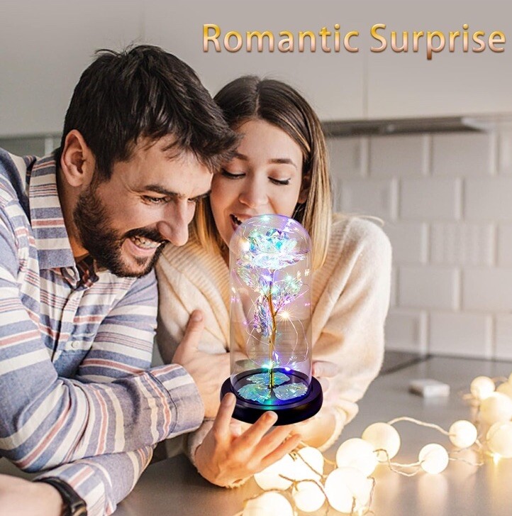 Valentines Gift For Her w/Greeting Card, Colorful Light Up Rose in A Glass Dome