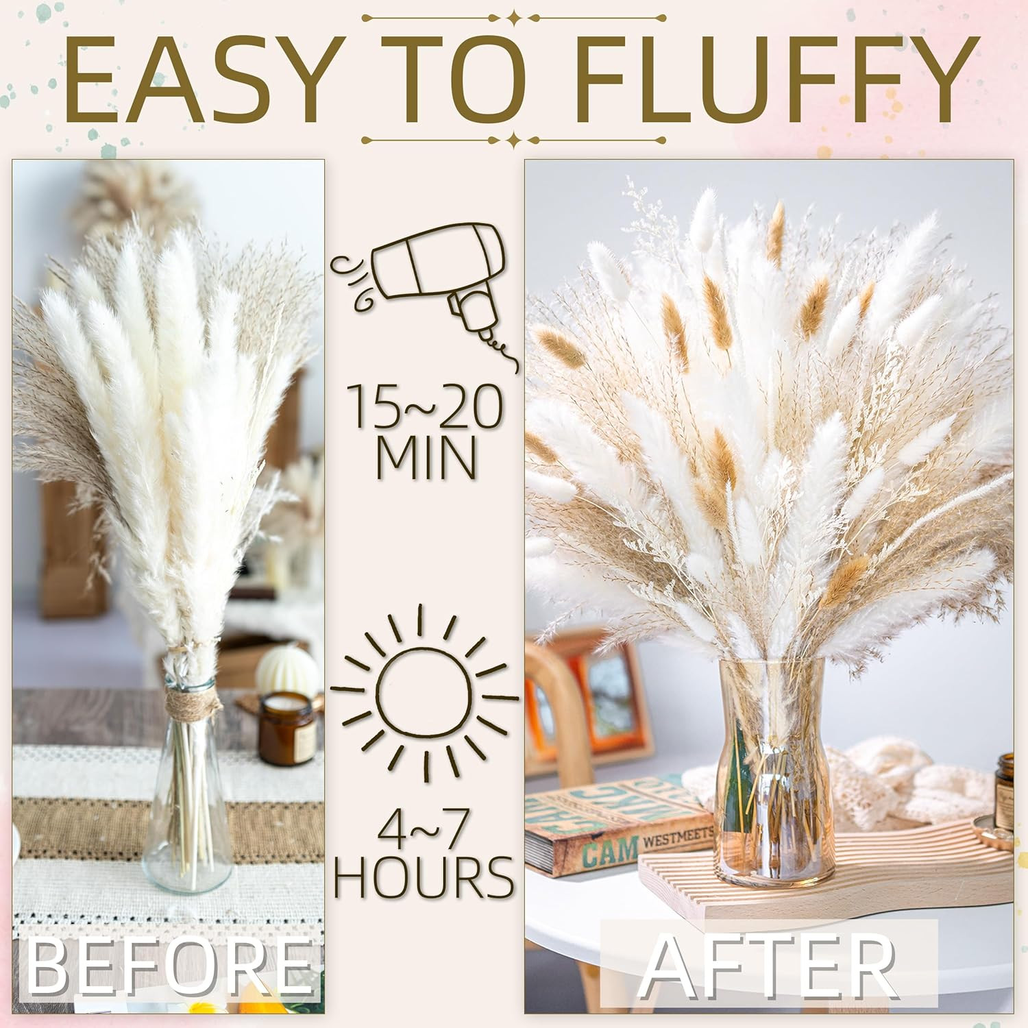 95 PCS Natural Pampas Grass Decor Bouquet | Boho Dried Floral Arrangement Center