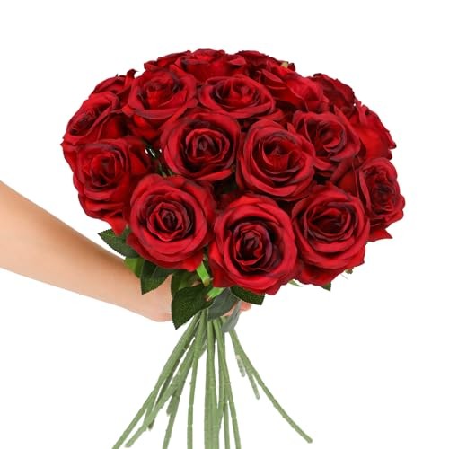 Red Roses Artificial Flowers – 12 pcs Realistic Long Stem Fake Roses Burgundy