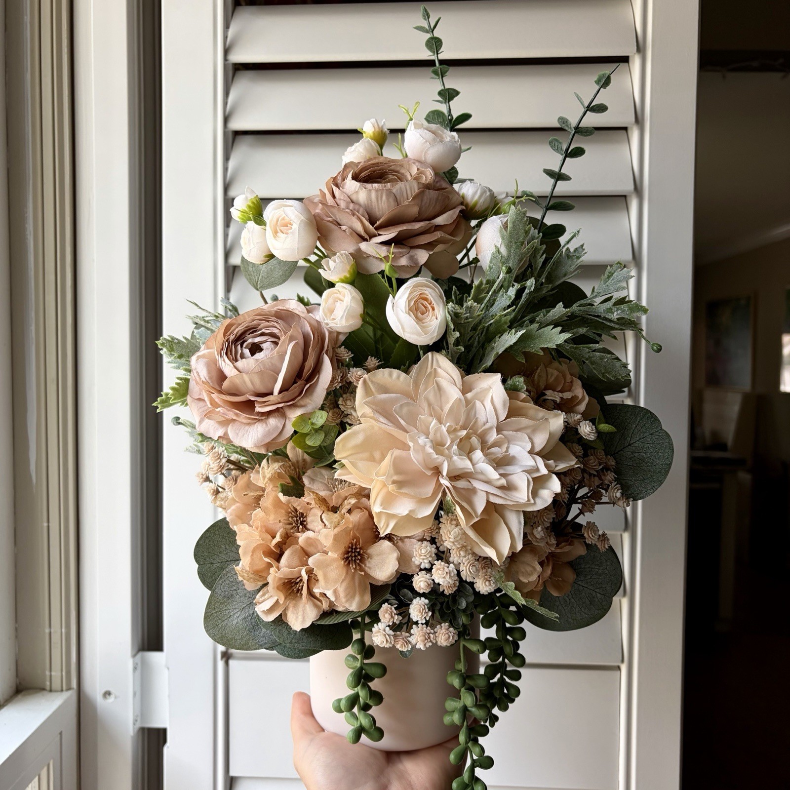 Handmade Flower Arrangement Beige+Greenery Centerpiece