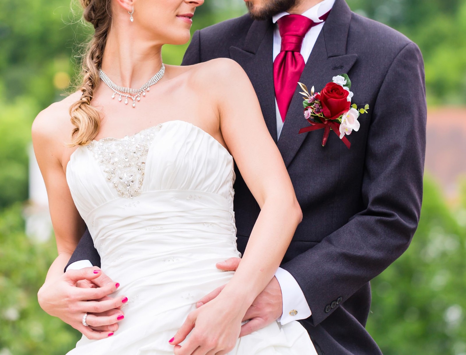 2 PCS Rose Red Boutonniere Men Artificial Flowers Wedding Groom Prom