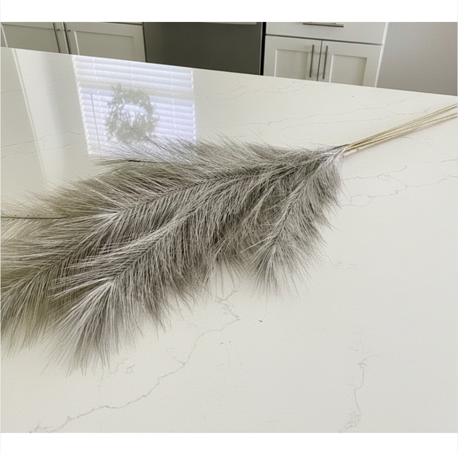 Set of 3 Faux Gray Feather Pampas Stems Coastal Farmhouse Rustic Styles 38″H