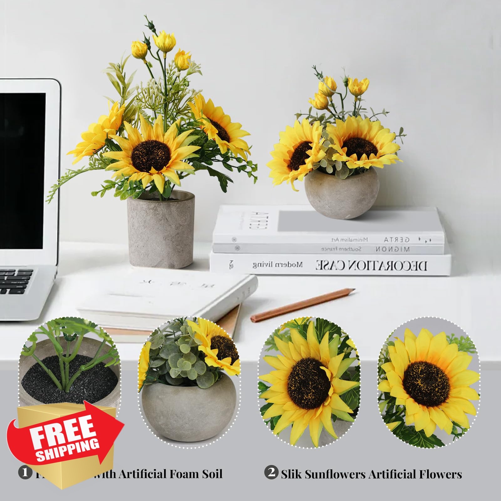 Leftover Sunflower Pot Artificial Flowers 7.48”+11.4” Yellow
