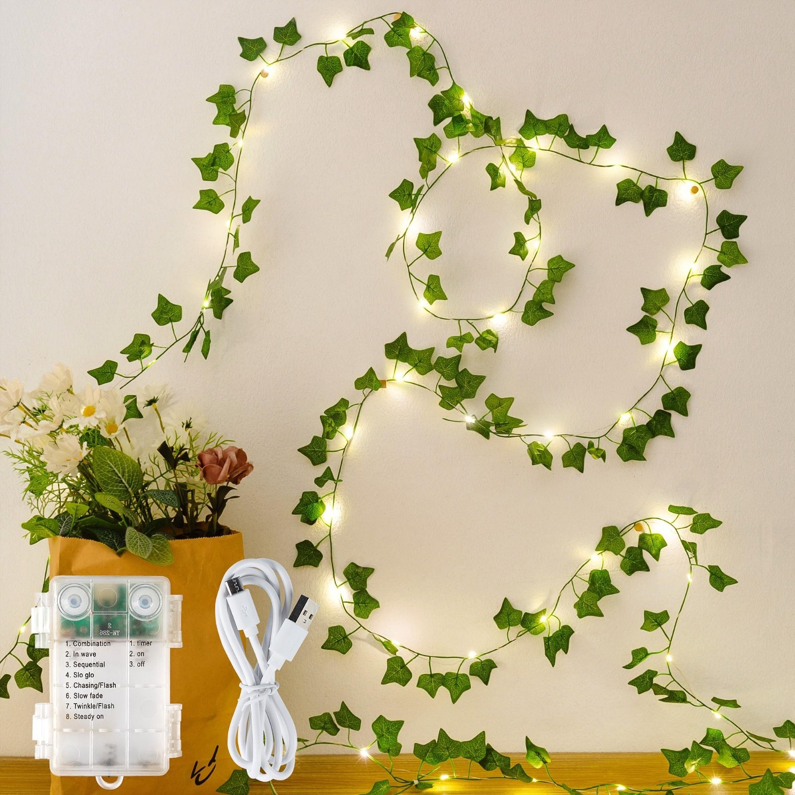 23 Ft LED Fake Ivy Vines with Fairy Lights – USB/Battery Operated Greenery Garla