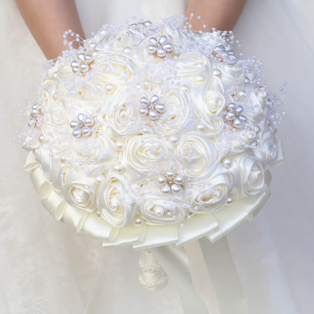 Ivory Bridal Wedding Bouquet Handmade with Rhinestone Pearl Ribbon Satin Rose…