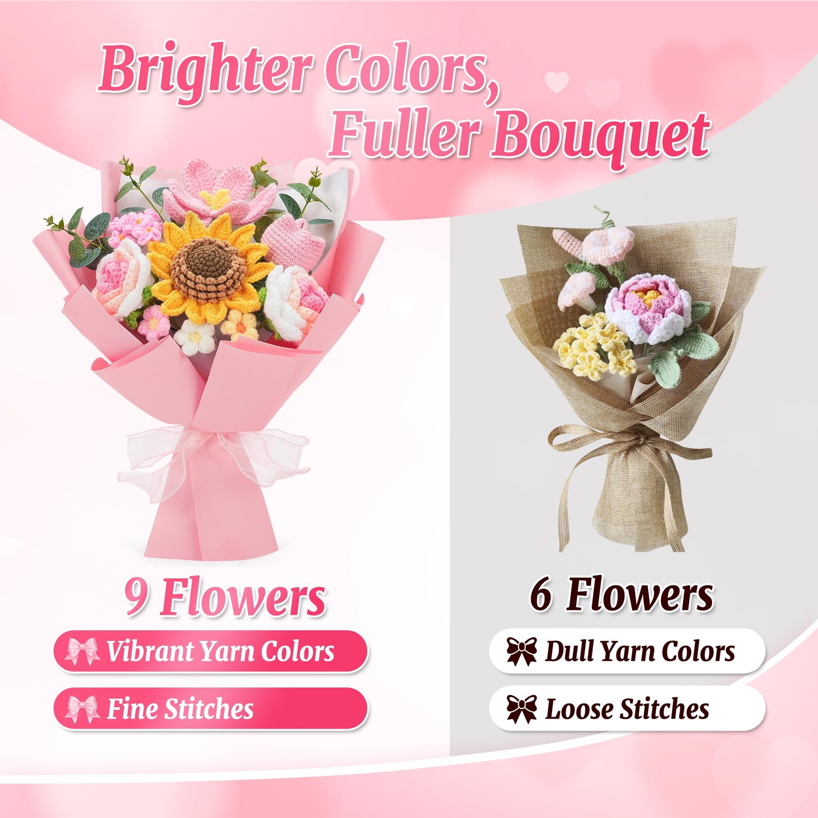 Crochet Flower Bouquet – Handmade Knitted Sunflower Crochet Flowers, Pink Cro…