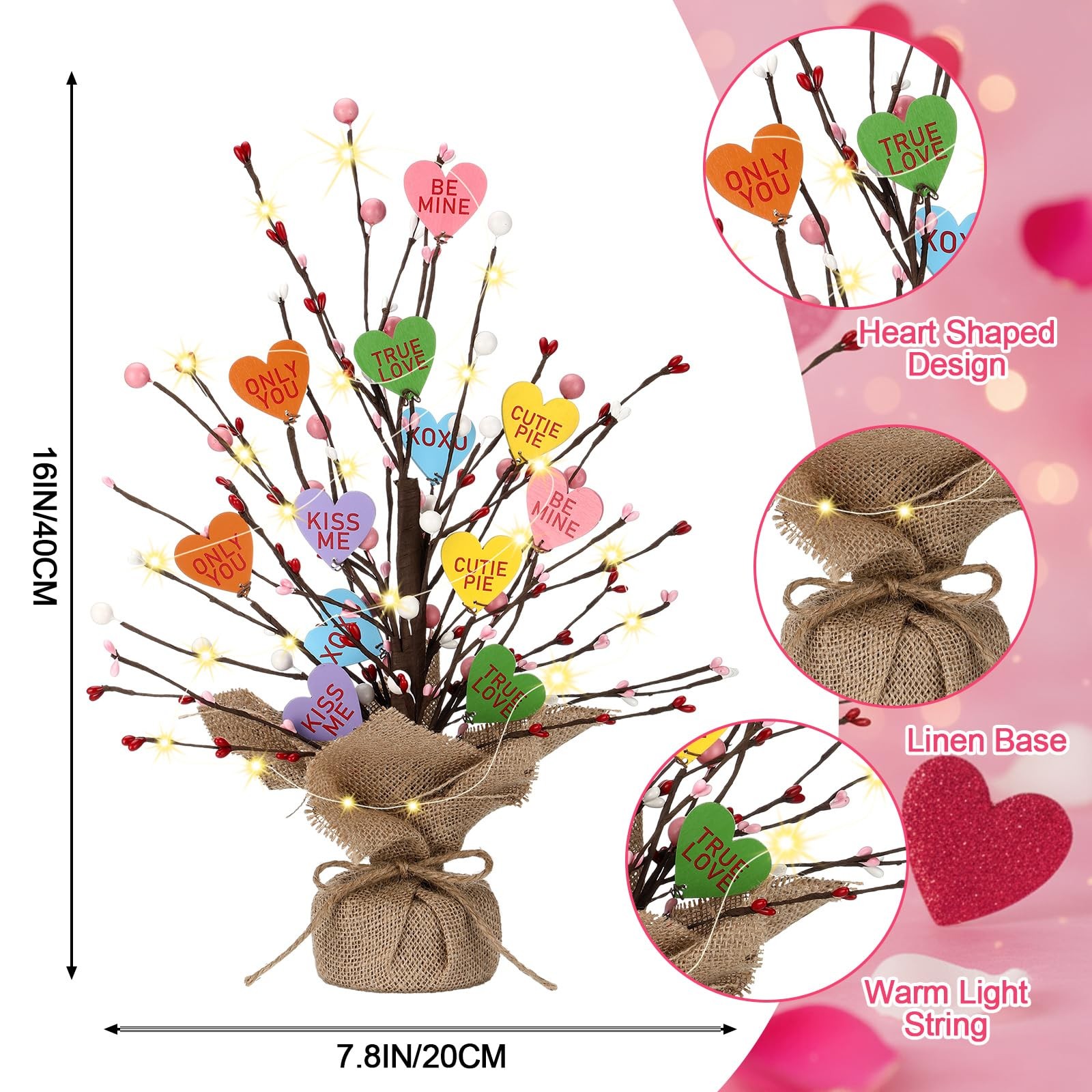 Lighted Valentine Heart Candy Tree Tabletop Decorations Artificial Branches