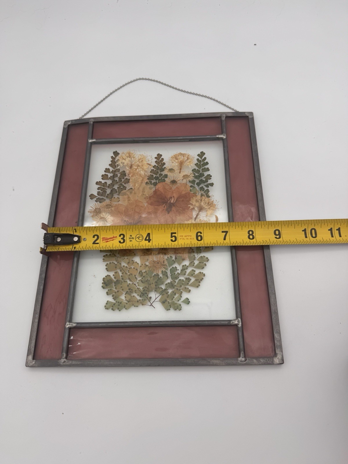 Pressed Dried Flowers Stained Glass Purple Pewter Frame Wall Window Hanging