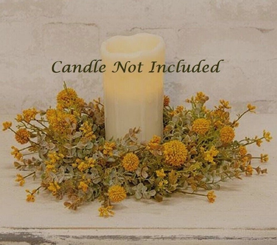 New Farmhouse MUSTARD EUCALYPTUS FLORAL CANDLE RING Wreath 6″ Cottage Country