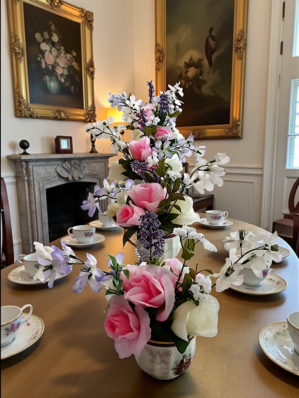 Tea Party Floral Arrangement Pink White Roses POP-IN Bridal Vanity Elegant Gift