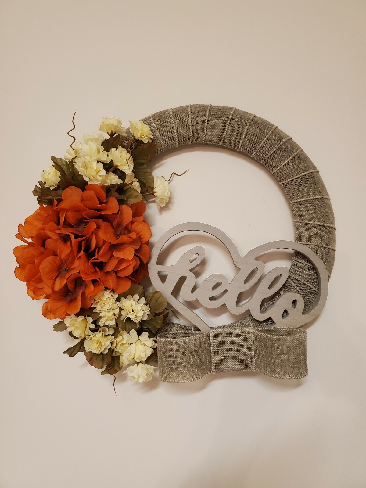 FLOWER Hydrangeas burlap WREATH Heart HELLO FALL autumn Decor Front Door 15″