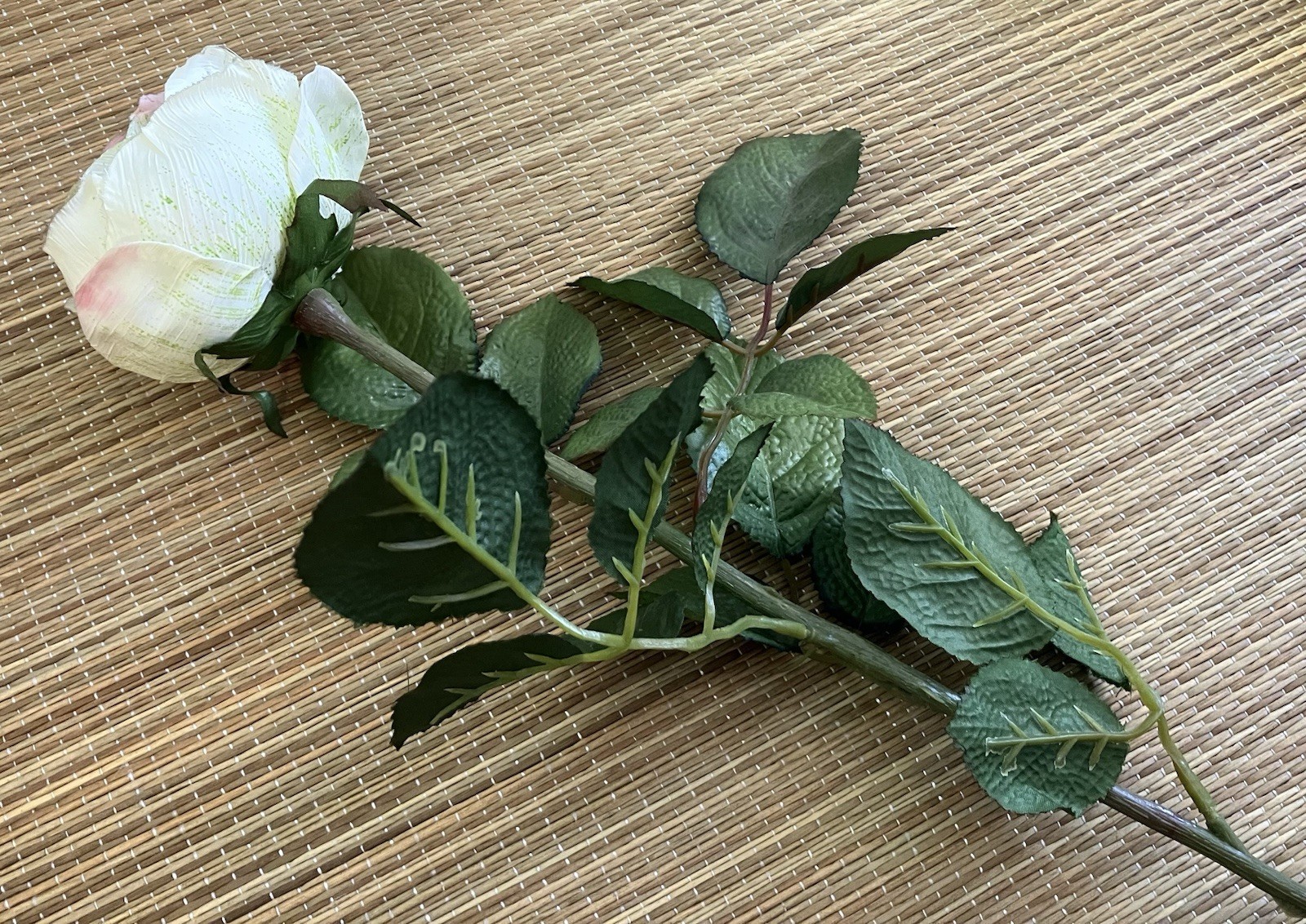 Vintage French 90’s Artificial Pale Green & Pink ROSE Flower w/ Leaves Long Stem