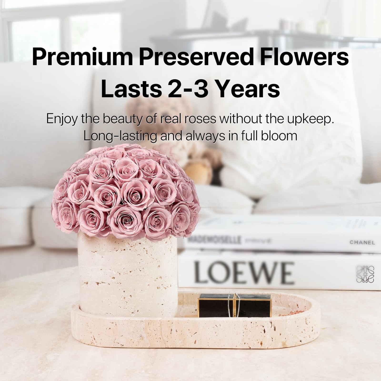 Preserved Flowers Vase, Yellow Travertine Flower Vases & Travertine Tray, Ete…