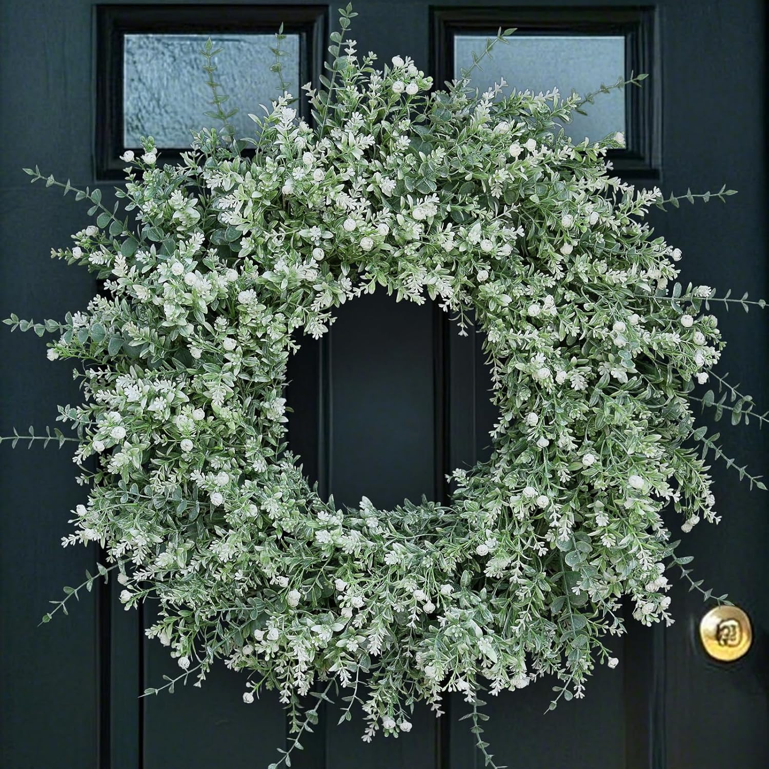 26”Large Artificial Eucalyptus Wreath for Front Door(White-Green) | Weather Res