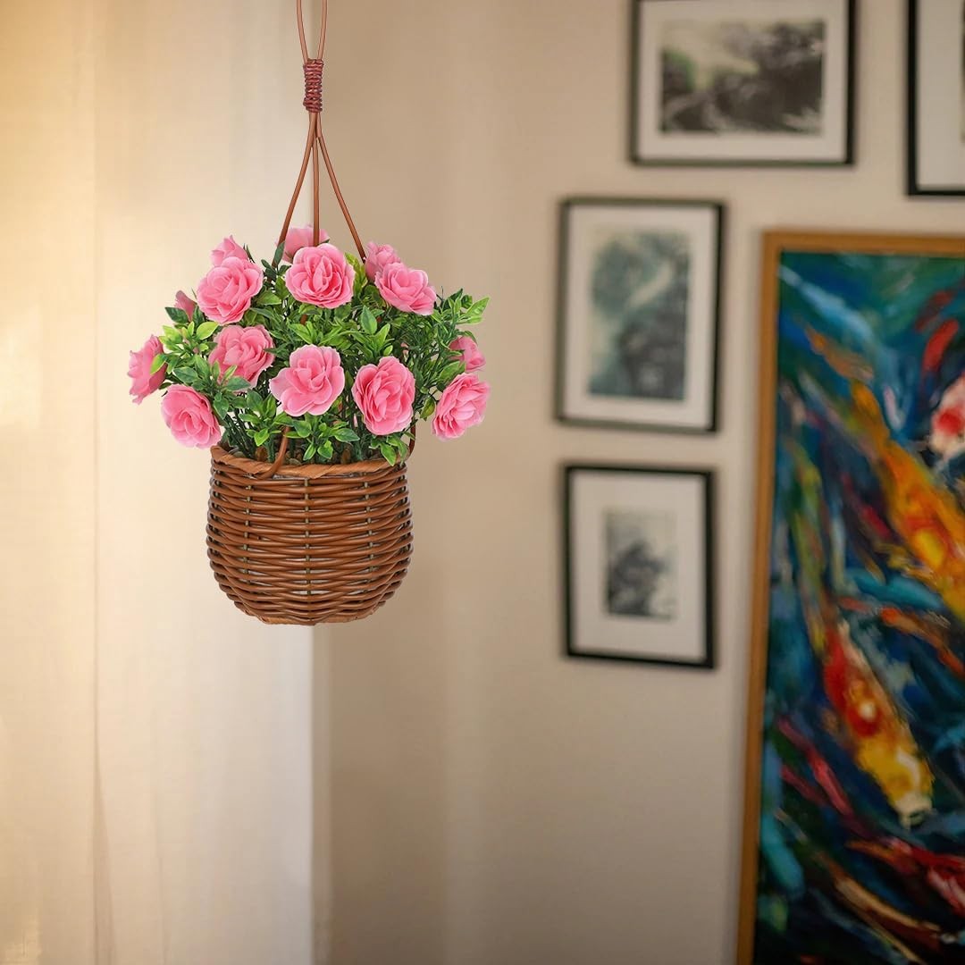 Artificial Rose Flowers with Hanging Woven Basket, Faux Blooming Roses in Fake R