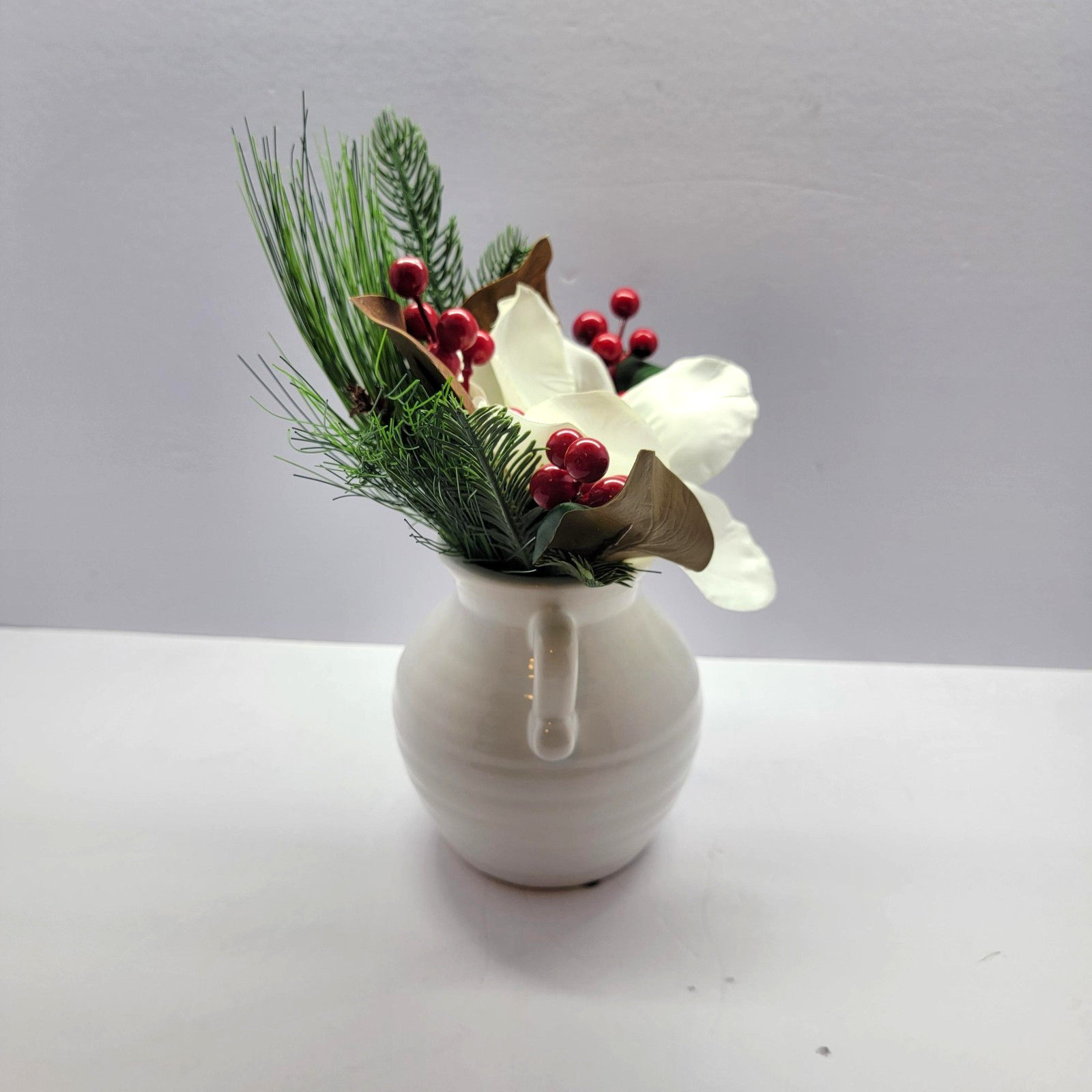 Farmhouse Magnolia Pine Berry Faux Floral Arrangement White Ceramic Vase Decor