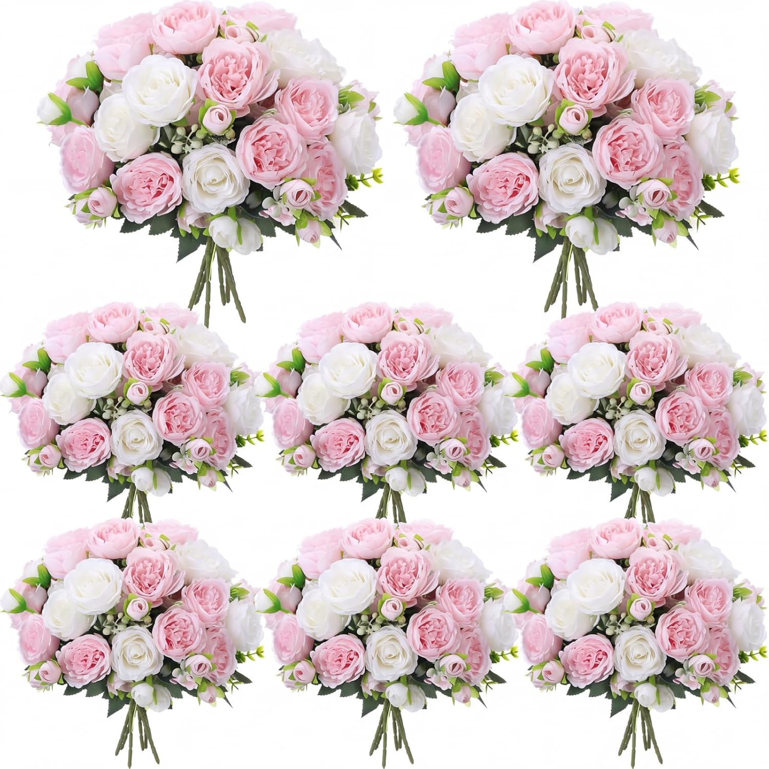 8 Bundles Silk Peony Flowers for Wedding Party Décor – White & Pink