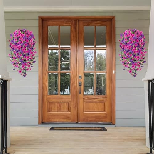 Artificial Hanging Petunias Flowers for Outdoor, 2pcs Dark Purple Light Purple