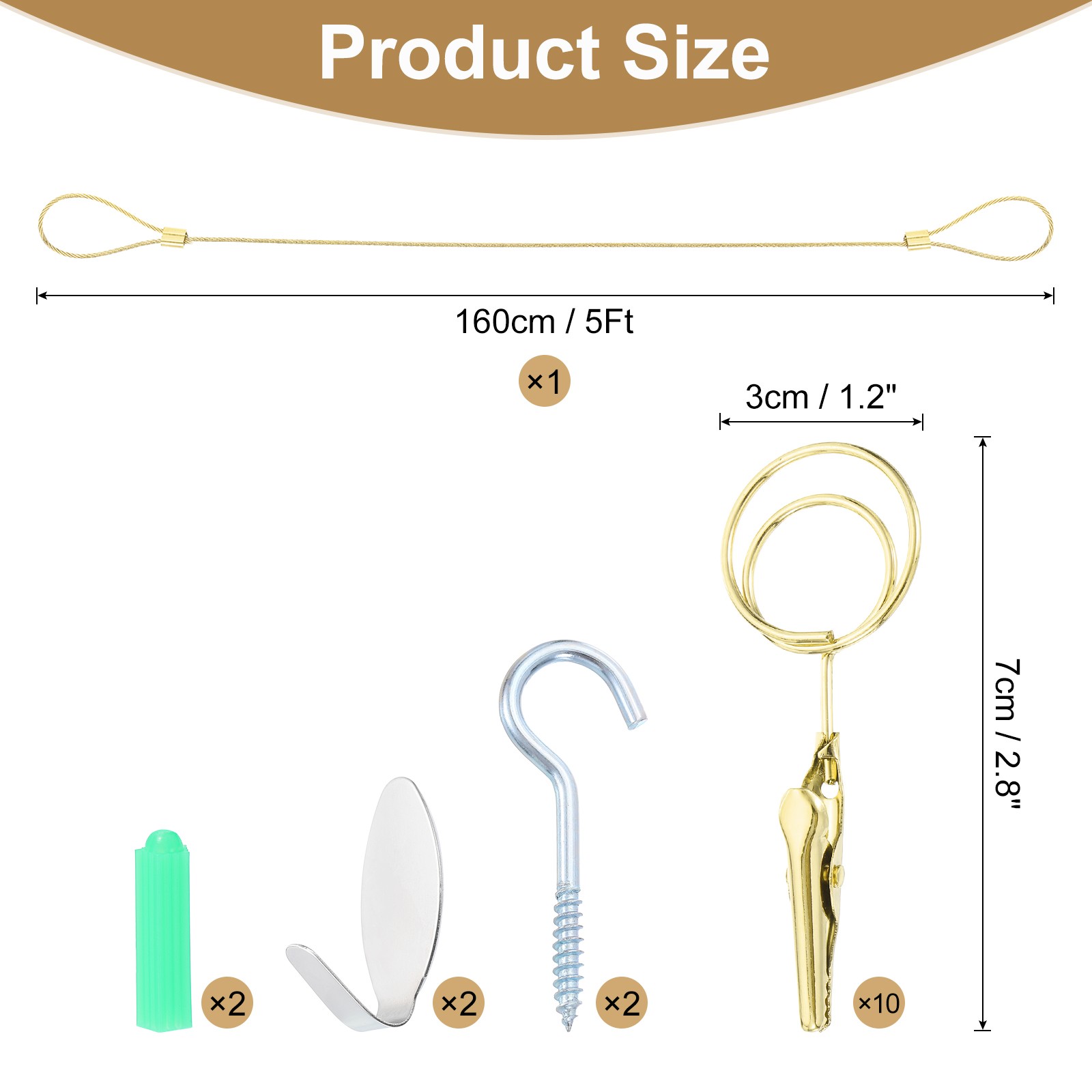 5Ft Wall Hanging Photo Display Cable Wire Rod with 10 Round Clips, Gold