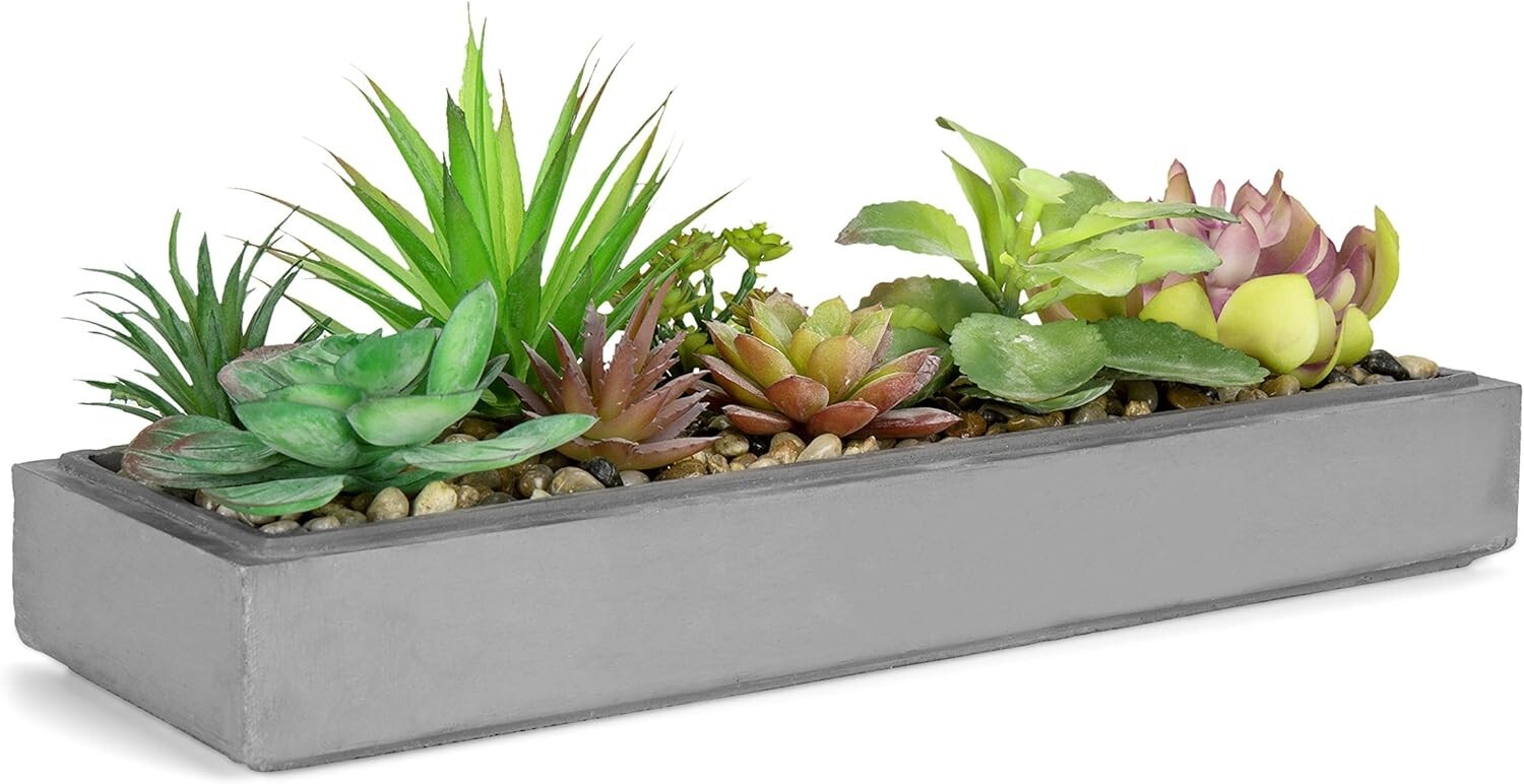 Mixed Color Assorted Artificial Succulent Plant Arrangement in Gray Planter Tray