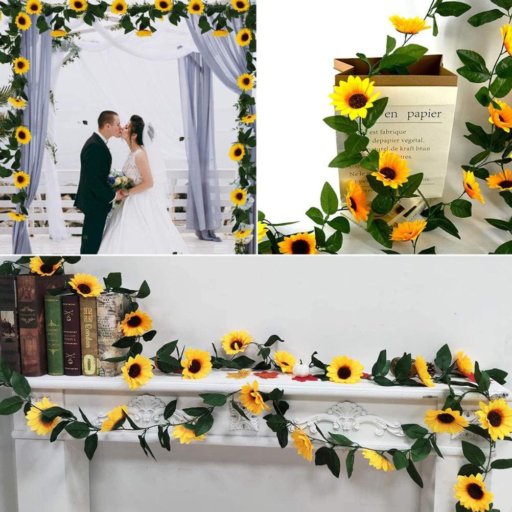 1Pcs Decorative Sunflower Rattan Garland Green Leaf Silk Wedding Party Decor
