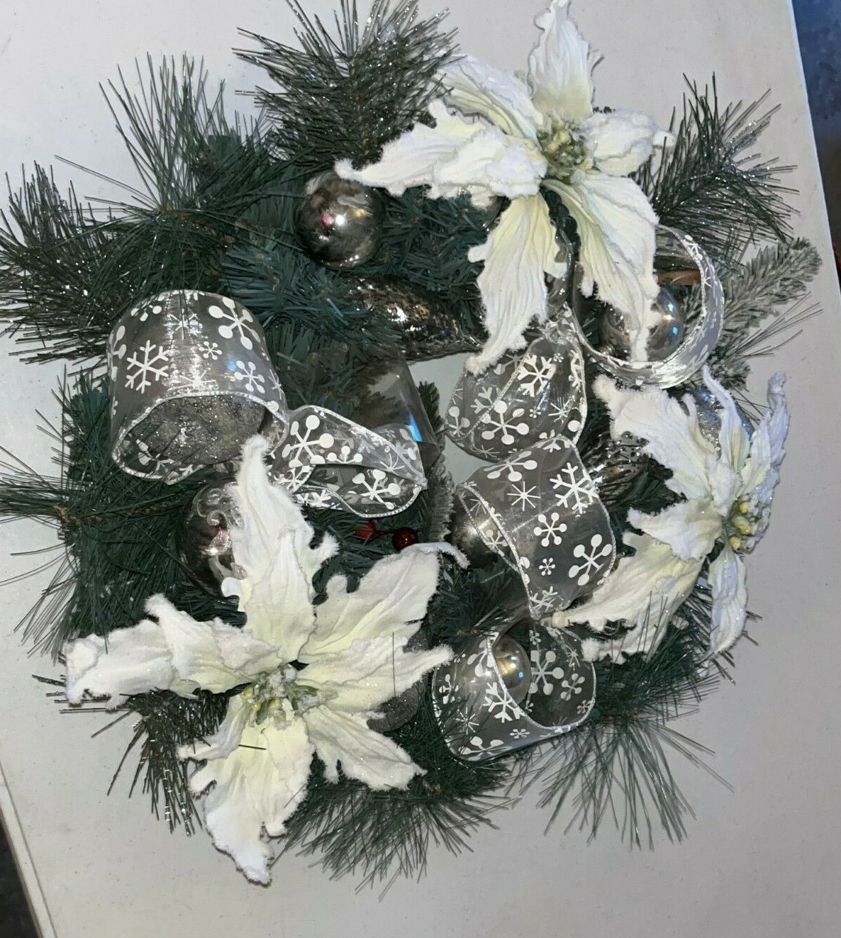 Gorgeous Winter / Christmas Wreath for Front Door With White Flowers and Ribbon