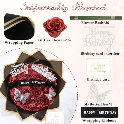 Glitter Roses Bouquet, Birthday Gifts for Women Mom, DIY Fake 36pcs Red