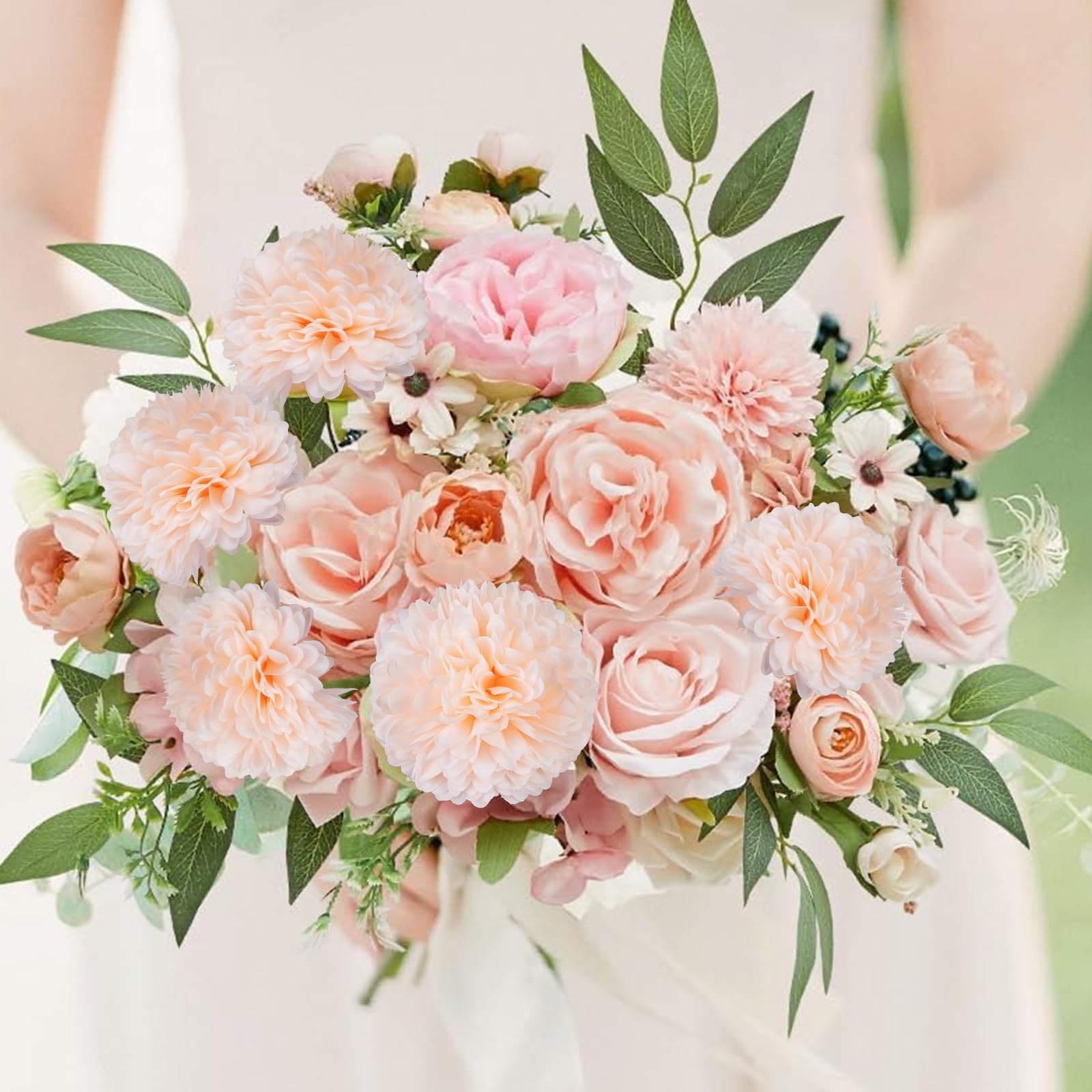 Artificial Flowers Champagne Silk Chrysanthemum Head with Stems Greenery Leav…