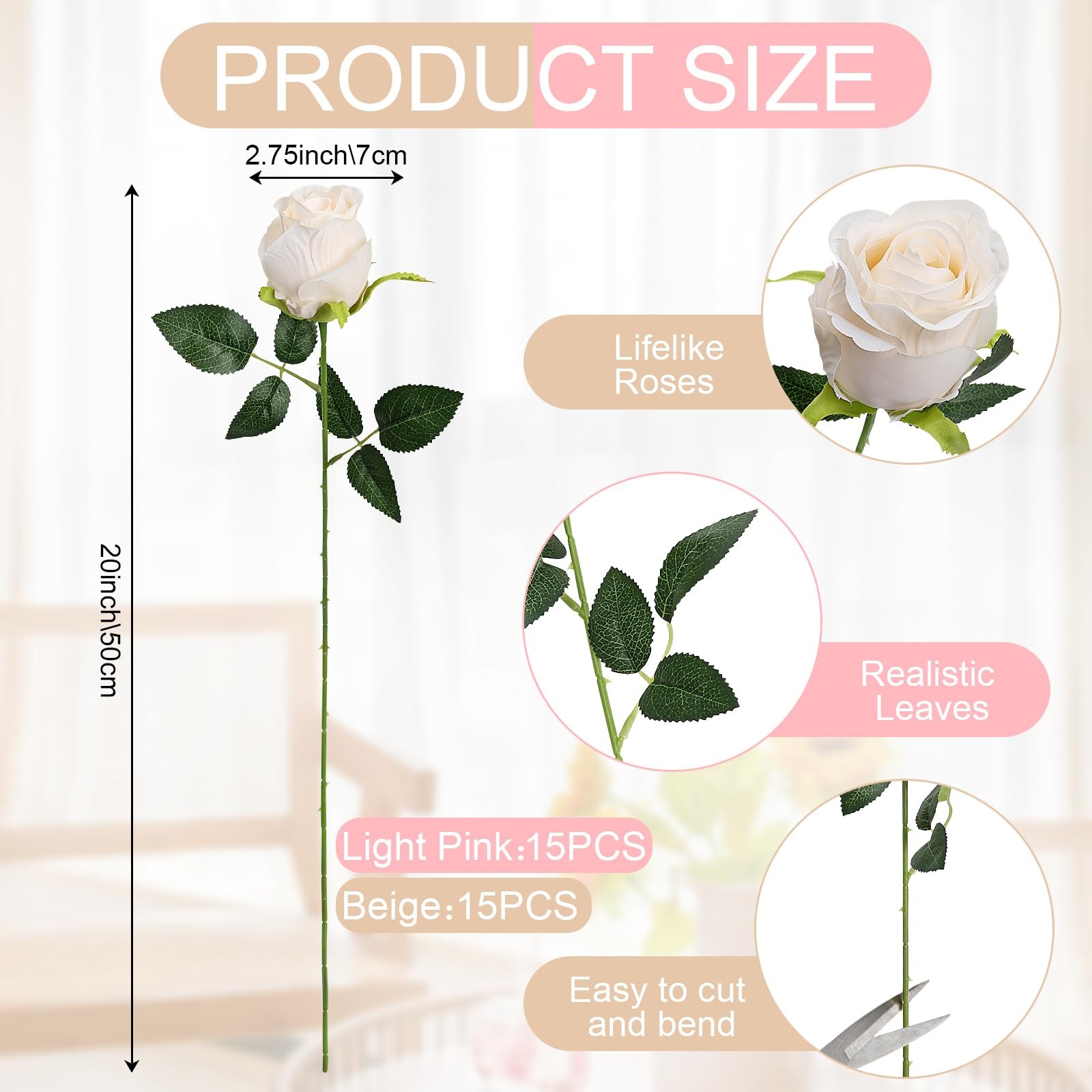 Artificial Roses 30 PCS Pink Silk Flowers 20″ Length 2.4″ Head – DIY Wedding