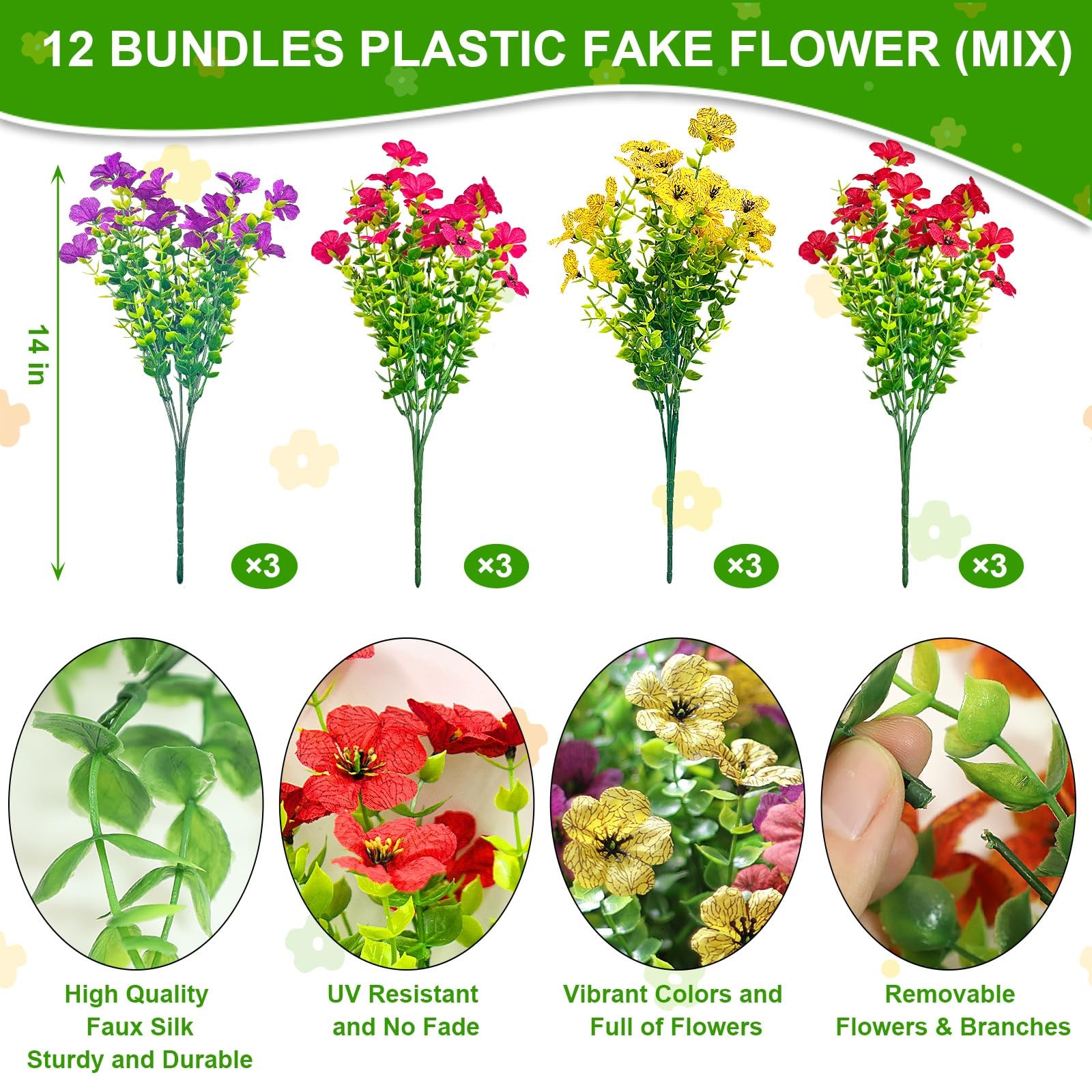 12 Bundles Artificial Flowers for Outdoor Indoor UV Resistant Fake Plants Sil…