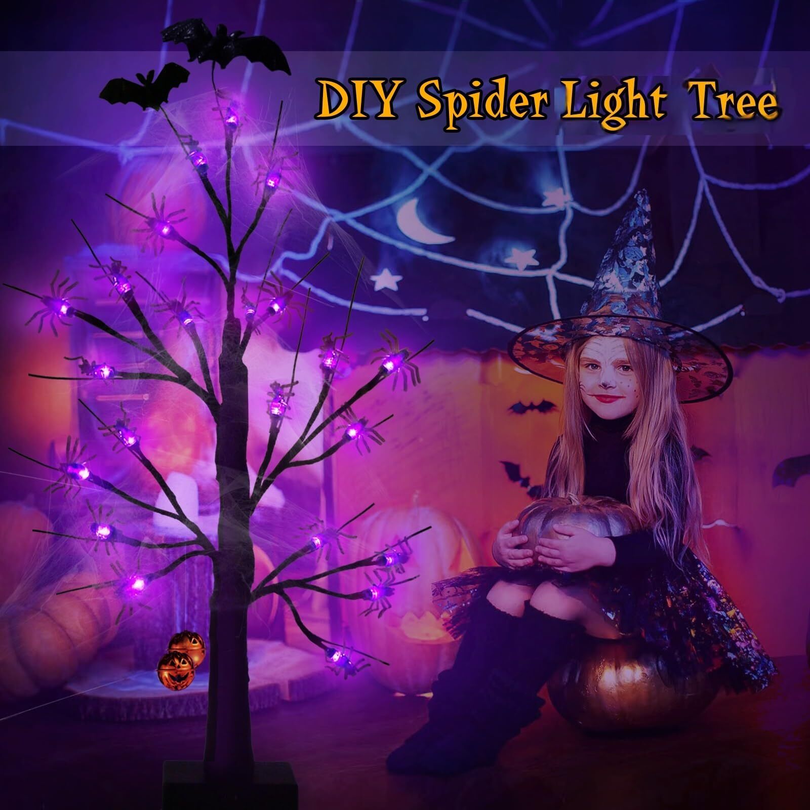 2FT Black Halloween Tree, Spooky Tree with 24 Spider & 24 Purple Lights