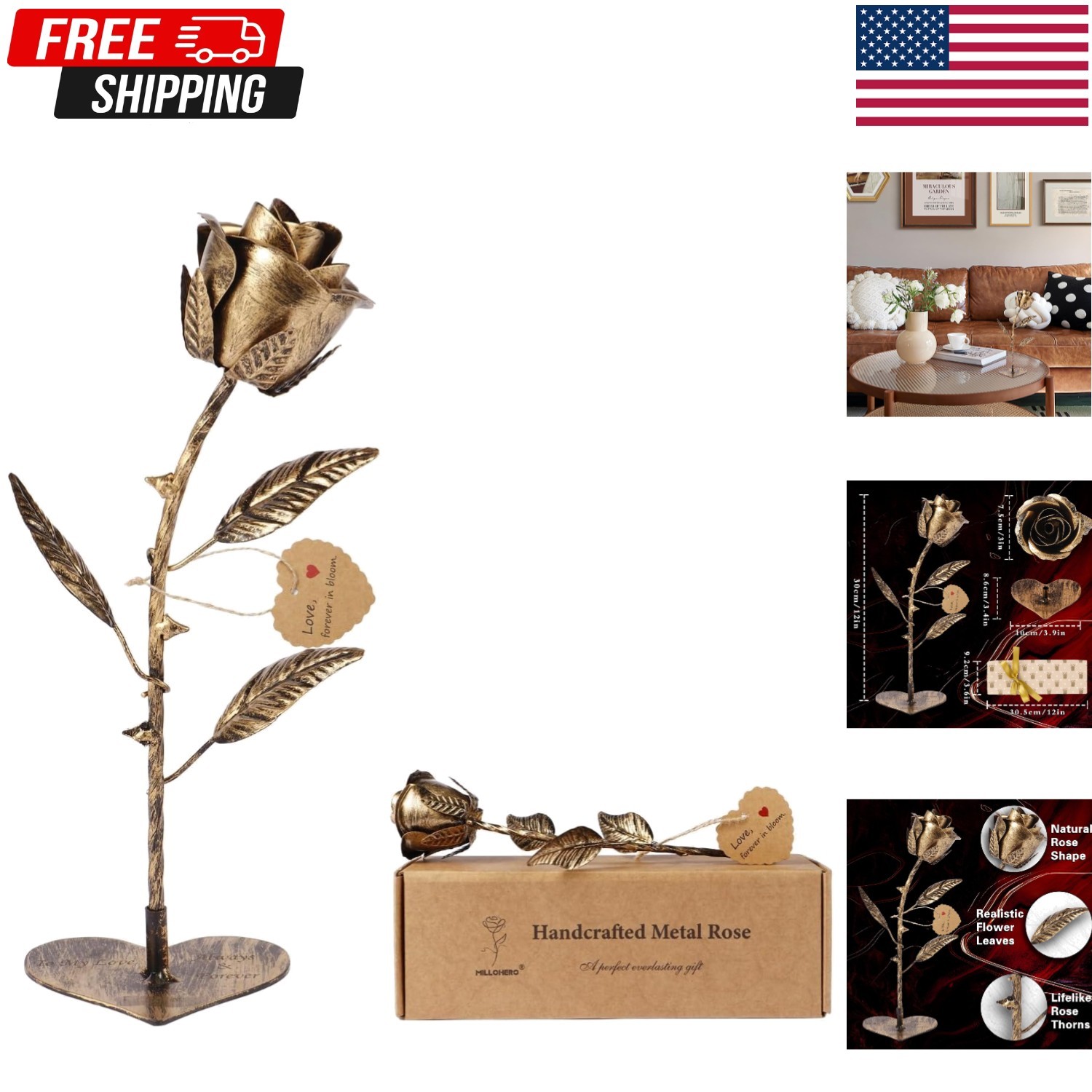 Handcrafted Bronze Metal Rose – Solid Gift of Everlasting Love – 8th 19th Wed…