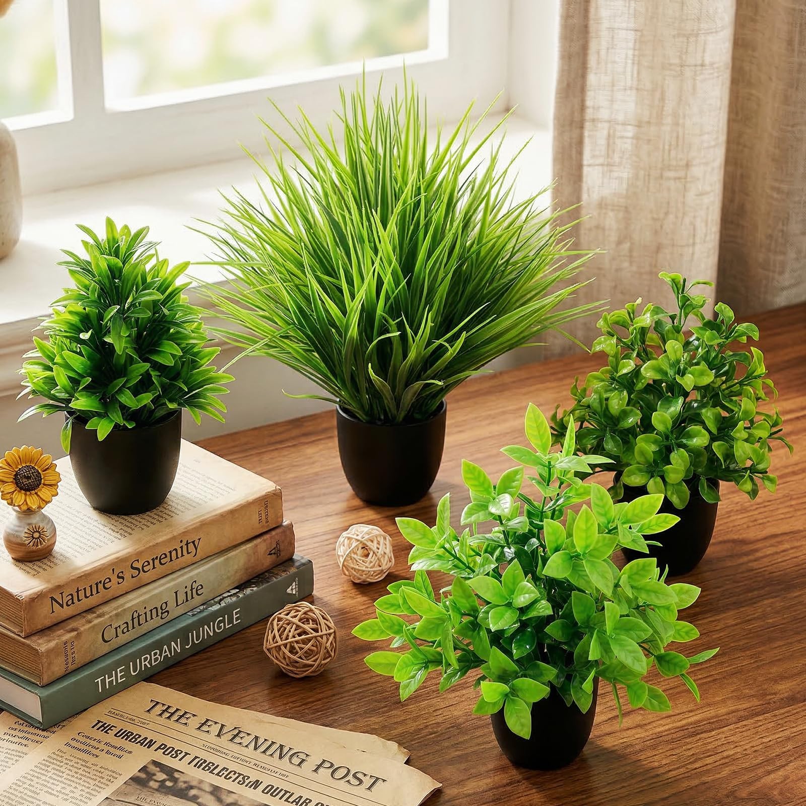 4 Pack Mini Fake Plants Small Artificial Greenery Potted Plants in Black Pots…
