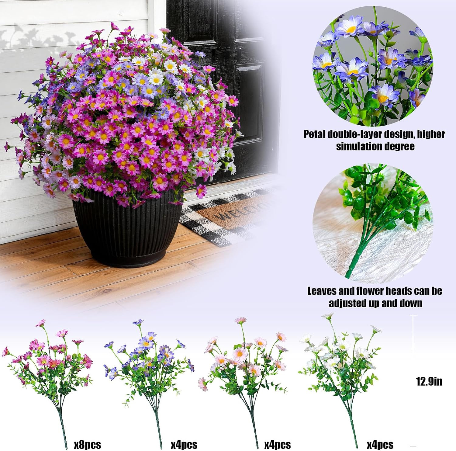 Vibrant Outdoor Faux Daisy Bundle – 20 Colorful Realistic Plants for Decor