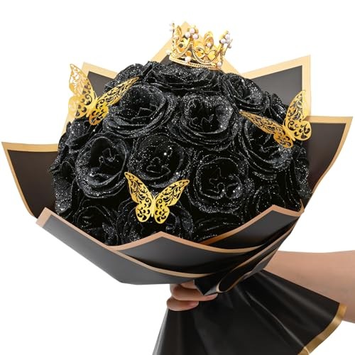 Glitter Roses Bouquet, DIY Fake Flowers Bouquet, Birthday Gifts 24pcs Black