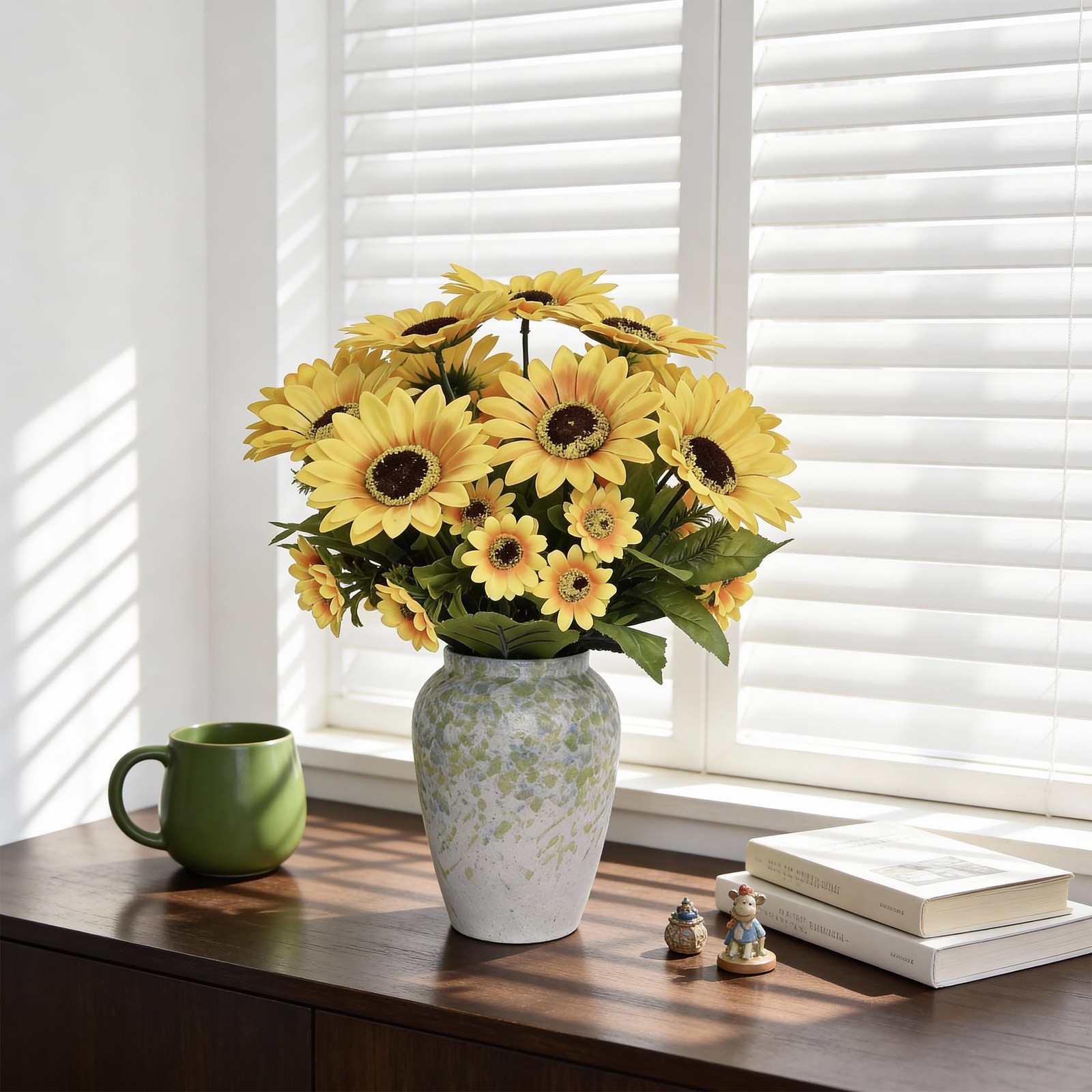 14″ Artificial Sunflowers Arrangement in Green & Blue Speckled Ceramic Vase â€“