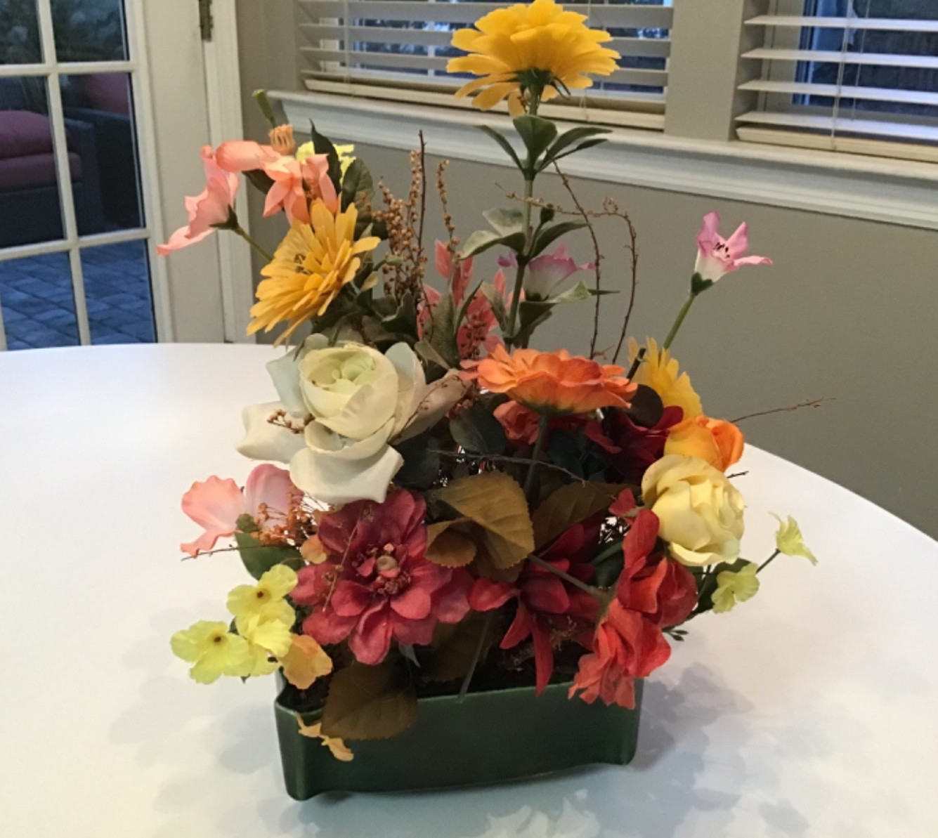 Faux Floral Arrangement in Container, Centerpiece, Home Decor, Peach, Pink