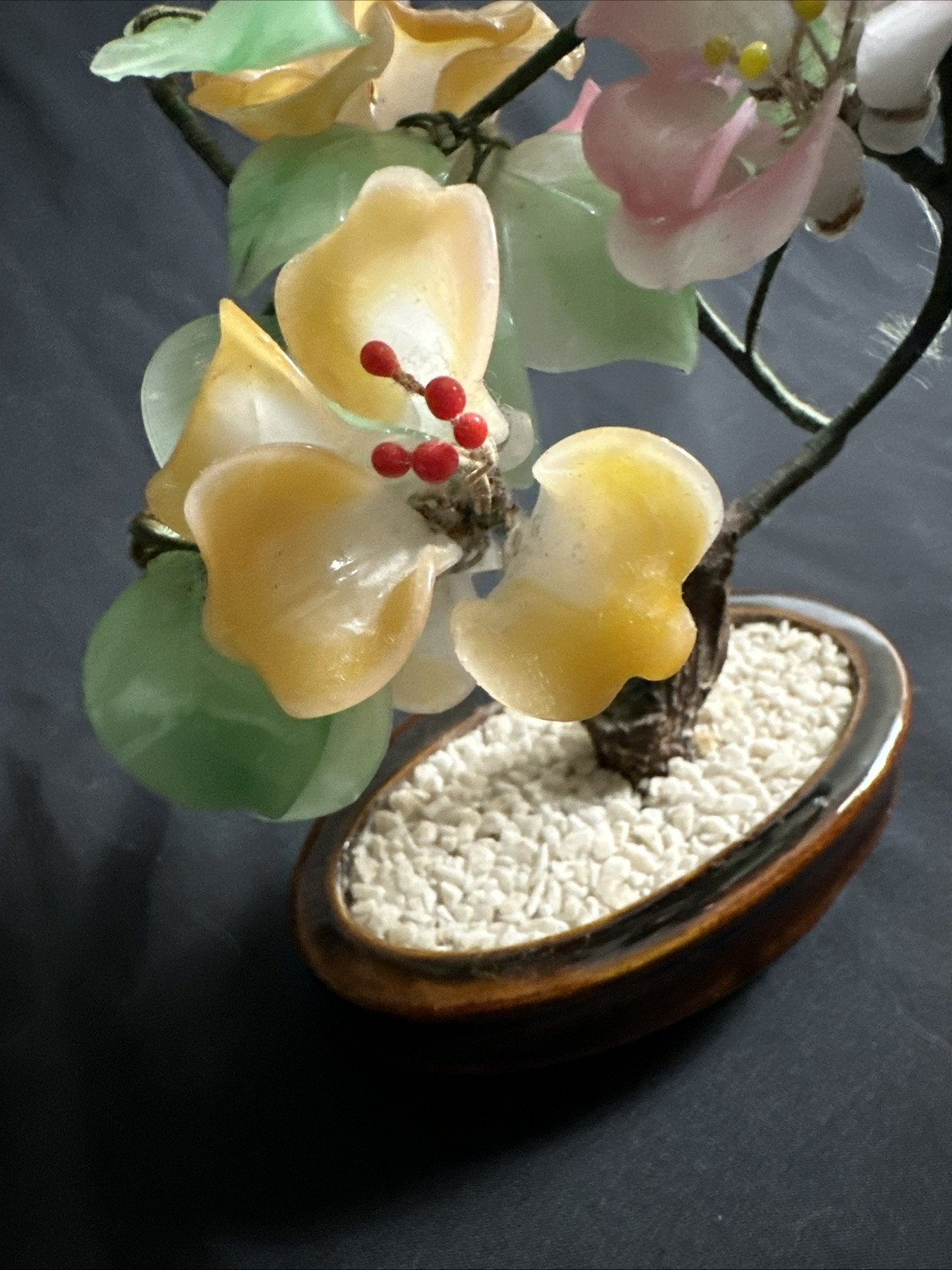 Vintage Chinese Jade Glass Bonsai Handcrafted Flower Tree 8”