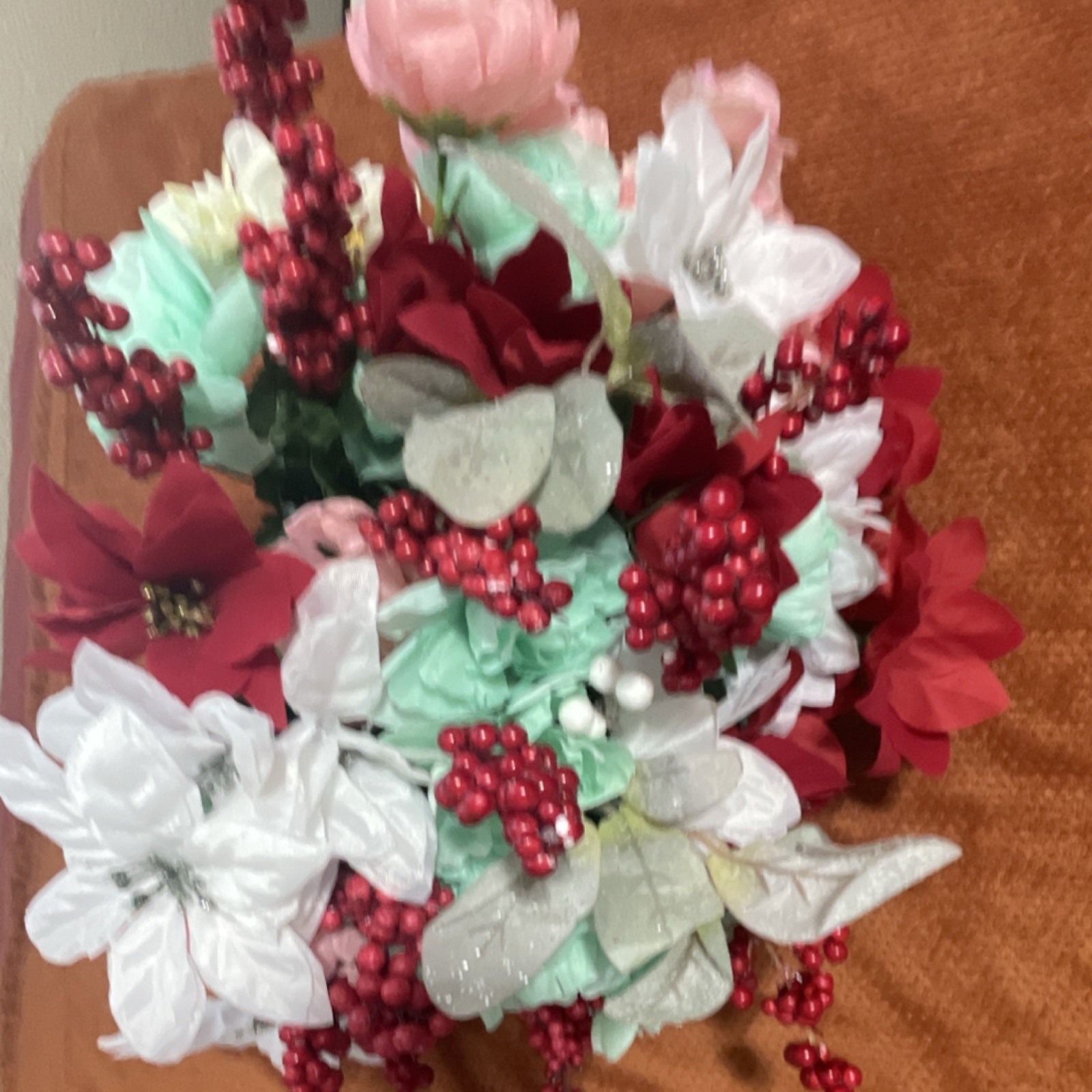 Artificial Poinsettia Arrangement Centerpiece Red White Green Fabric Plastic
