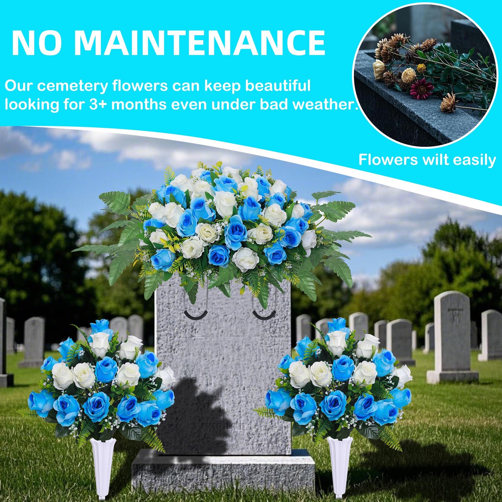 Artificial Cemetery Flower Saddles, Cemetery Memorial Flowers with Vase,Outdoor