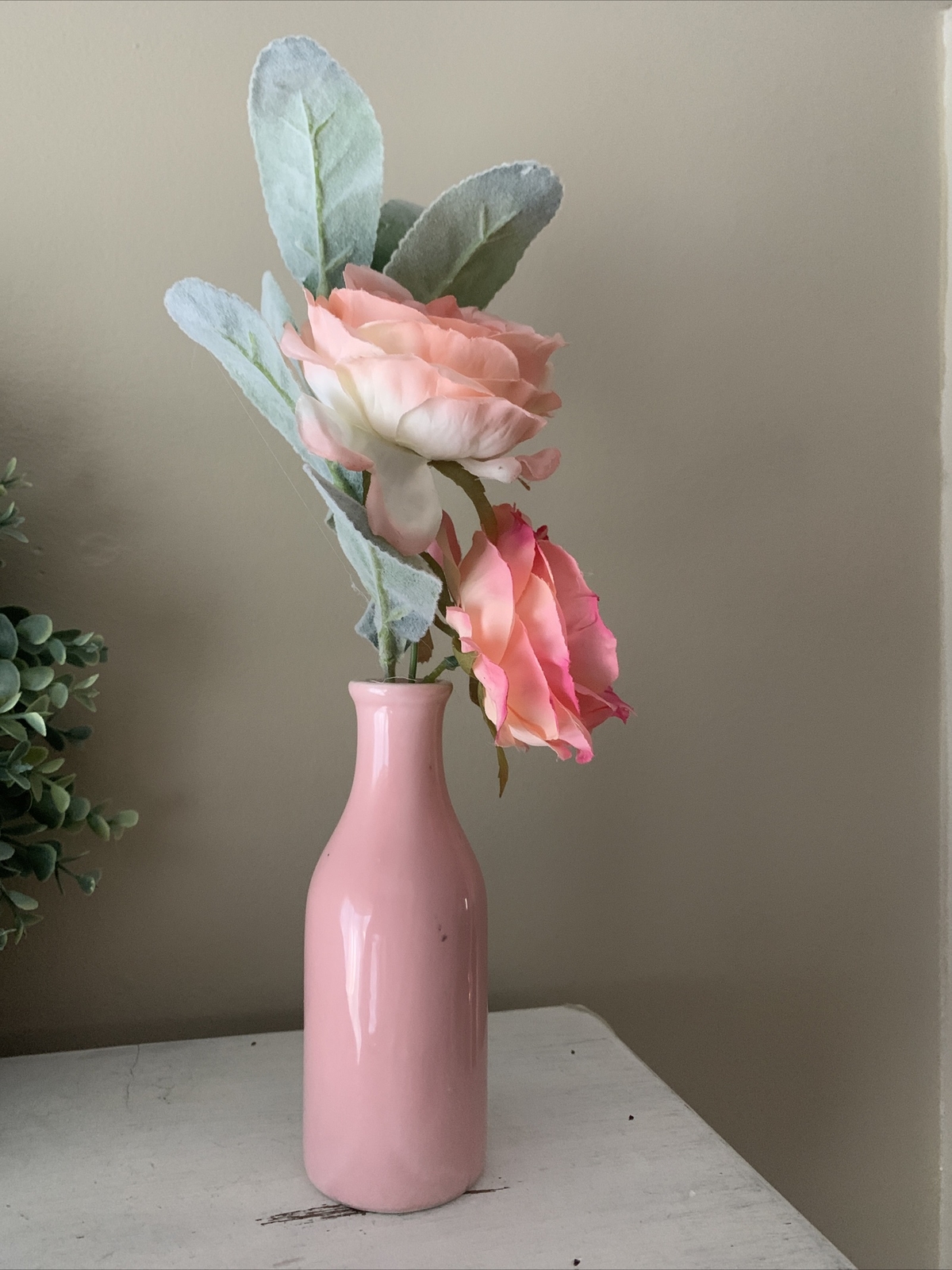 13” pink glass vase roses lambs ear stem farmhouse decor Floral Arrangement ❤️tb
