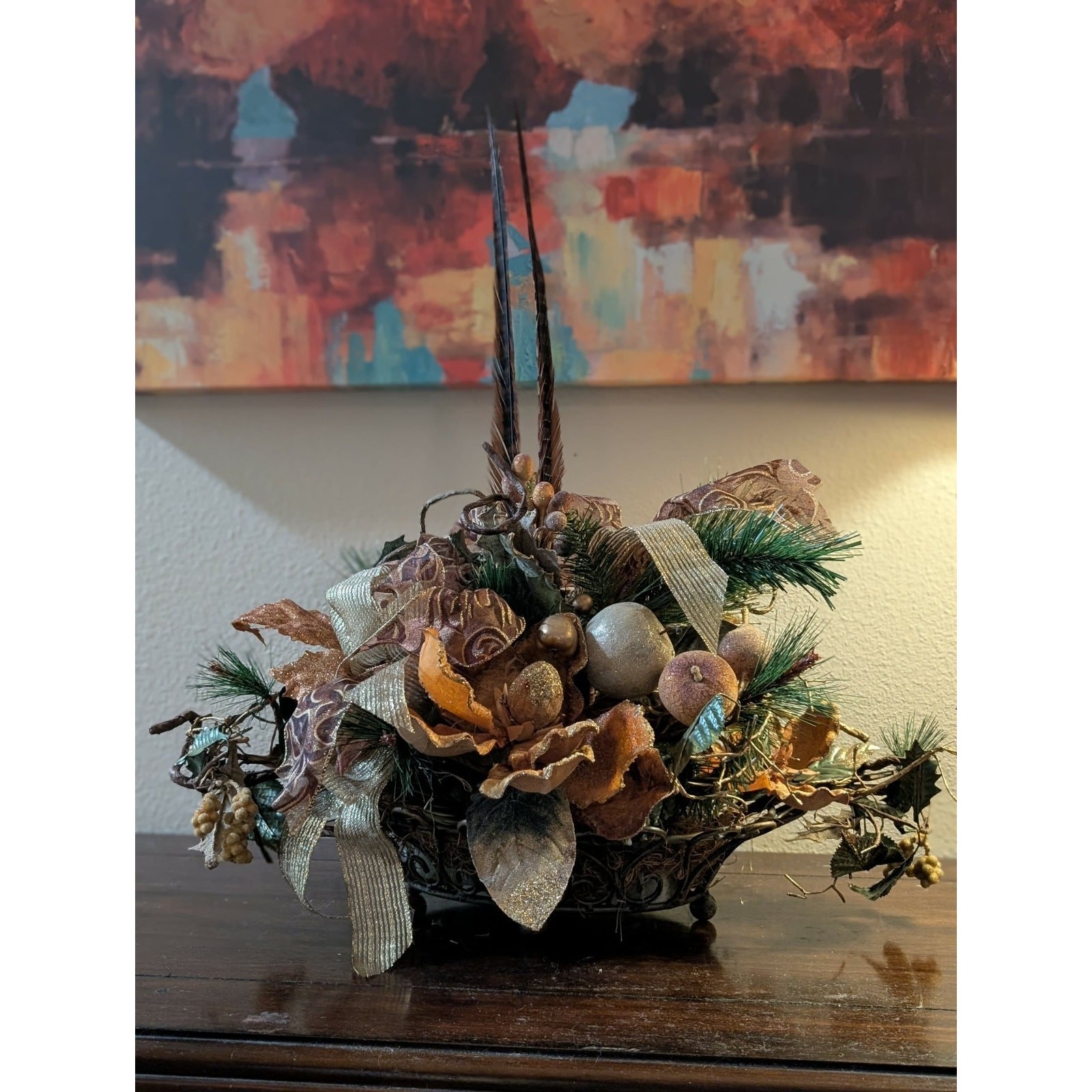 Rust Tan Gold Floral Autumn Fall Thanksgiving Centerpiece Pheasant Feathers