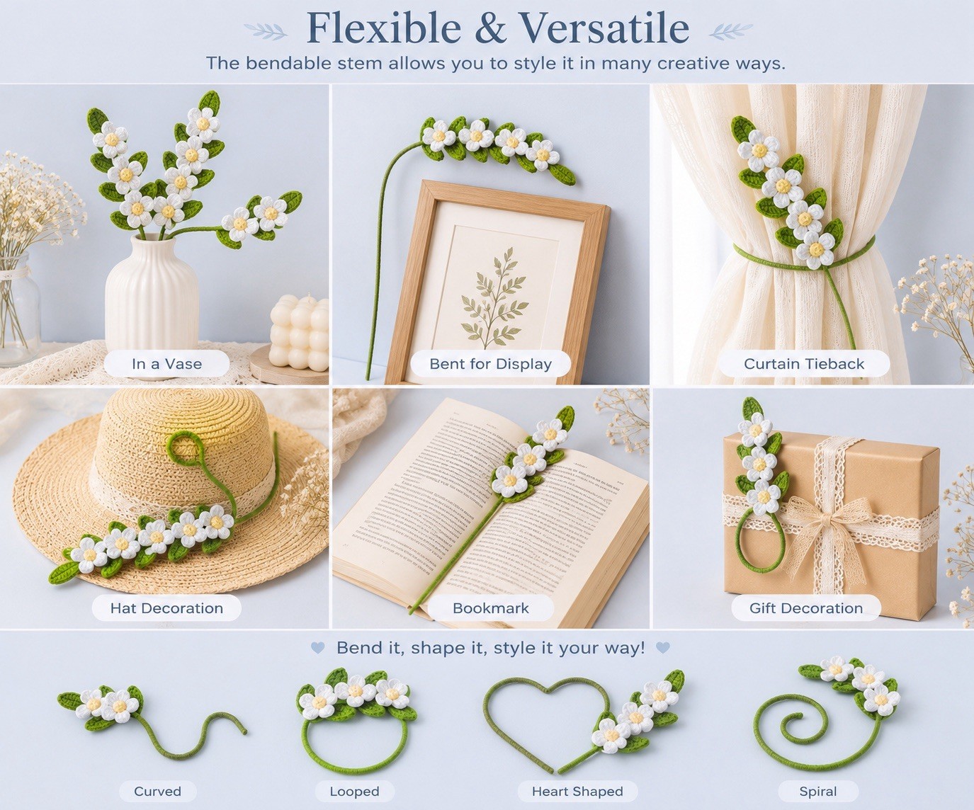 Handmade Crochet White Flower Stem Knitted Floral Decor Gift Home Decoration