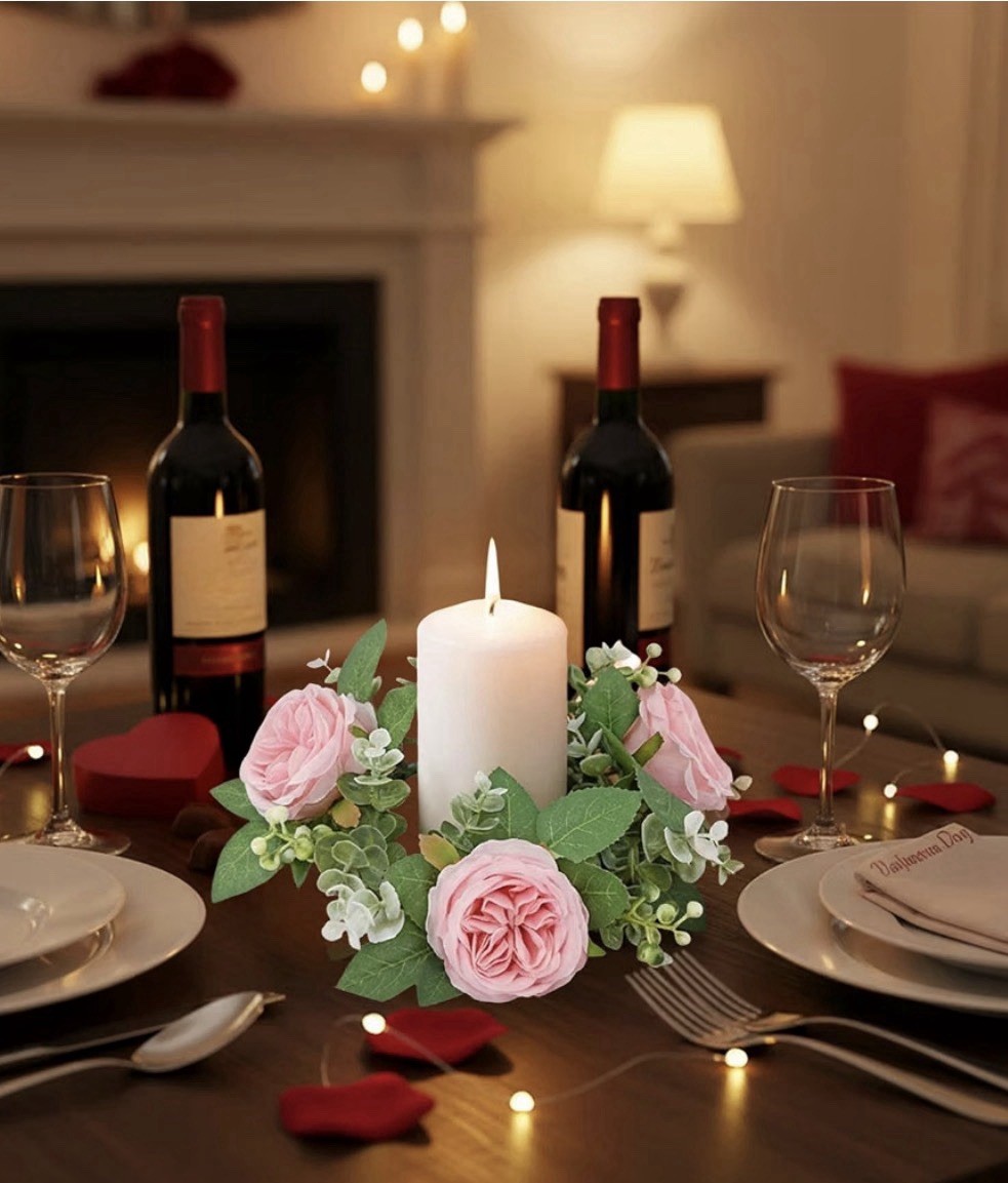 Artificial Rose Candle Ring Floral Wreath Pink/White/Green 10in Valentine’s