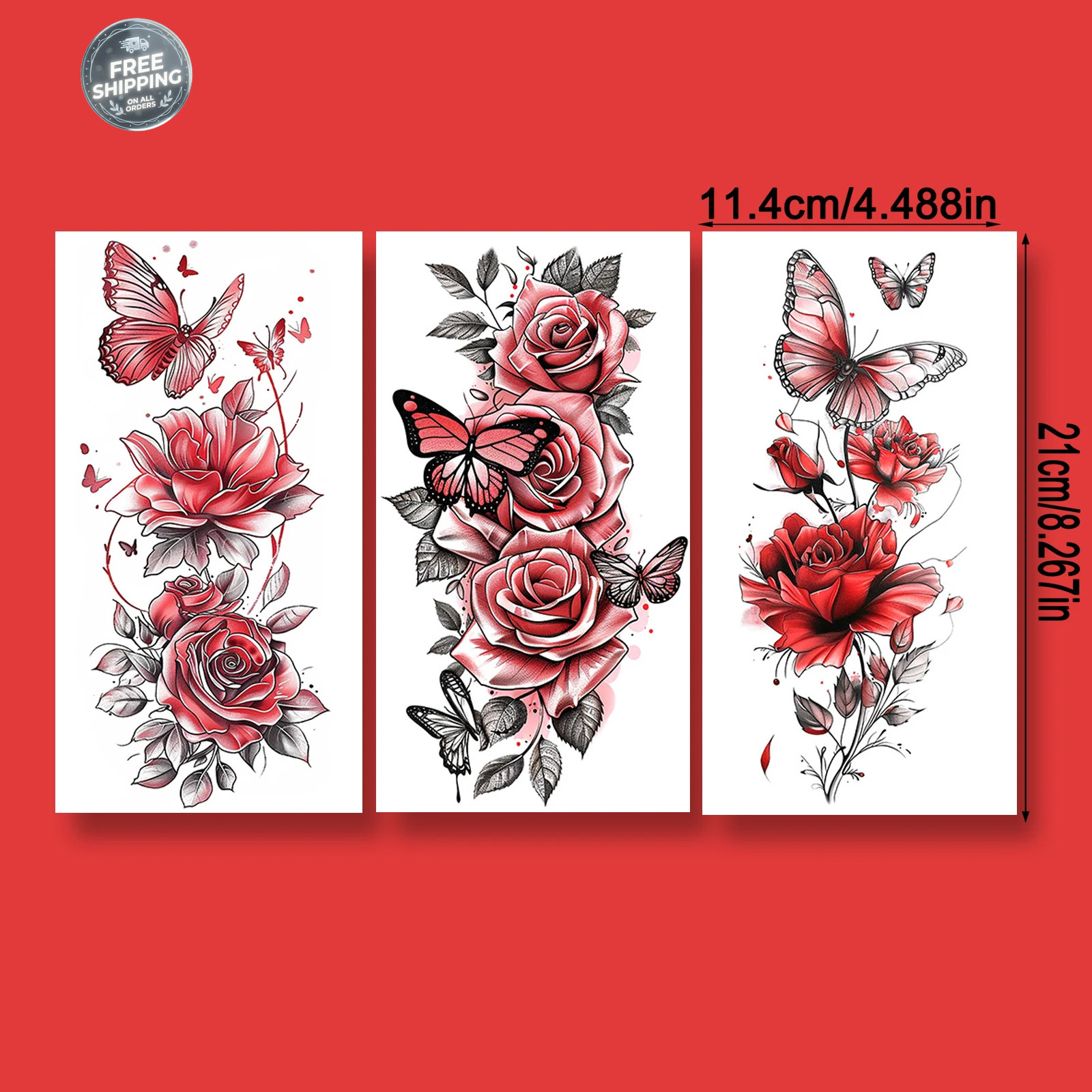 Long Lasting Waterproof Red Flower Butterfly Temporary Fake Tattoos For Women
