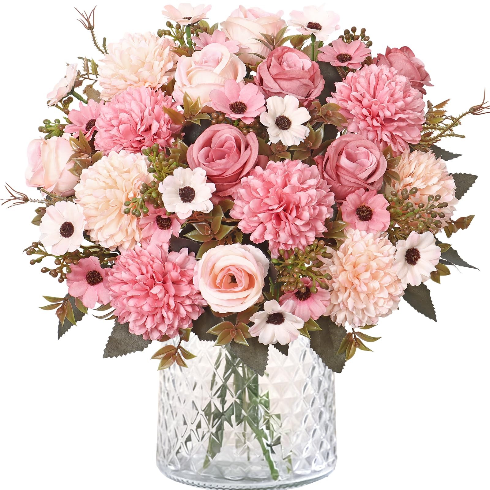 Artificial Fake Flowers,4PCS Pink Artificial Flower Bouquet with Chrysanthemu…